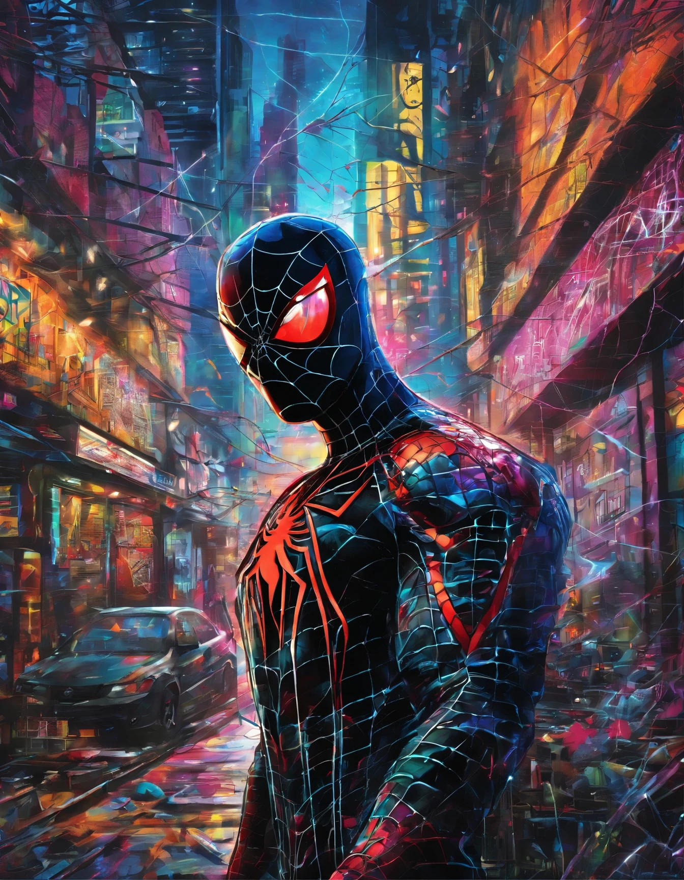 (high-quality,ultra-detailed,realistic,photorealistic:1.2),black suit,Spider-Man,in a cyberpunk environment,firing webs from his wrists,with intricate spider-web patterns all over his suit,glistening in the light of futuristic neon signs and holographic billboards.