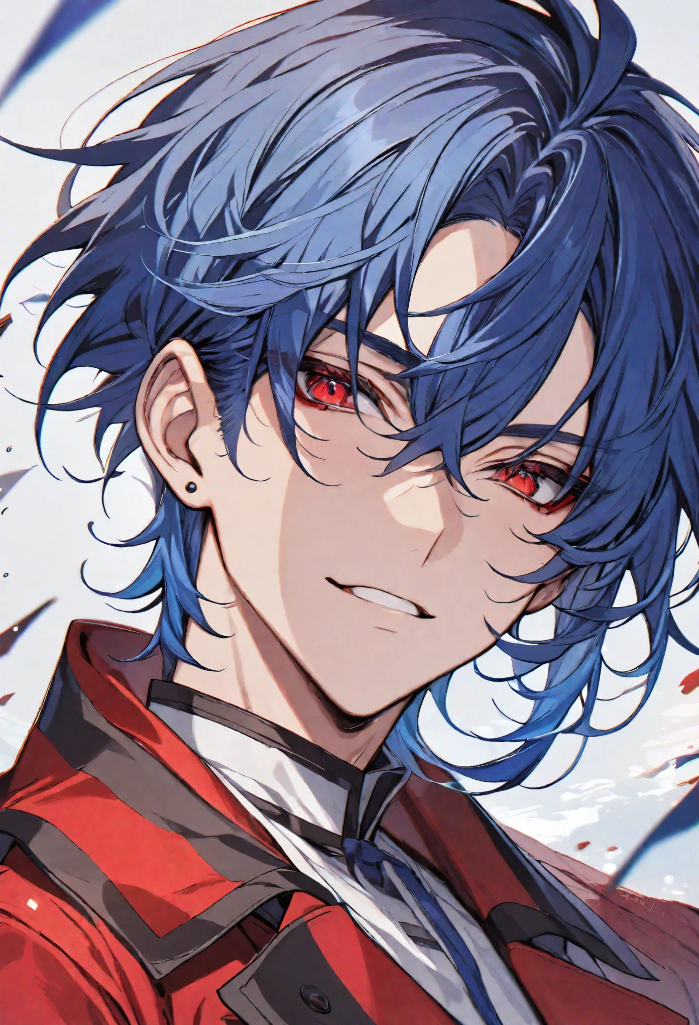 solo, handsome, 1 male, short hair, blue hair, red eyes, red coat