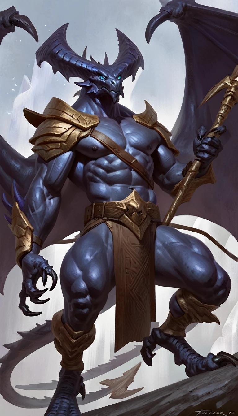 Anthro male bahamut, solo, serious expression, masterpiece, best art, by taran fiddler, detailed eyes, detailed body, claws, tall, pec, abs, nipple, pauldrons, armored pants, chest belt, muscular, talons, wielding staff, greek robes, casting magic, wizard, dungeon