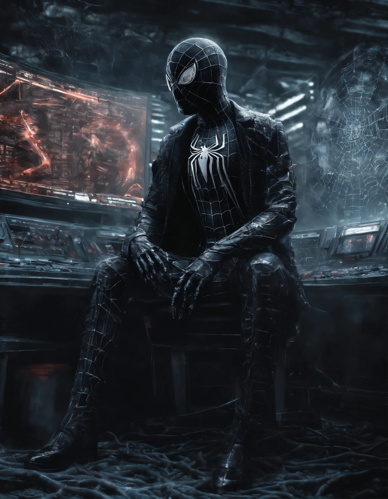 (high-quality,ultra-detailed,realistic,photorealistic:1.2),black suit,Spider-Man,in a cyberpunk environment,firing webs from his wrists,with intricate spider-web patterns all over his suit,glistening in the light of futuristic neon signs and holographic billboards.