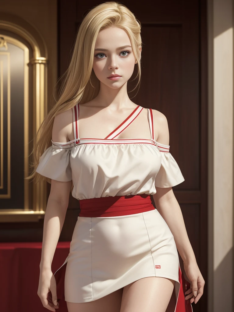 (Best Highest Quality, 8K, High Resolution, Masterpiece:1.2), Ultra Detailed, Extremely Fine, (Realistic, Photo Realistic:1.37), Make a Character named Cora, perfectly beautiful, blonde hair, red pupils, wears white and gold top with red lines, wears white and gold skirt with red lines, tiny girl, 150 cm height.