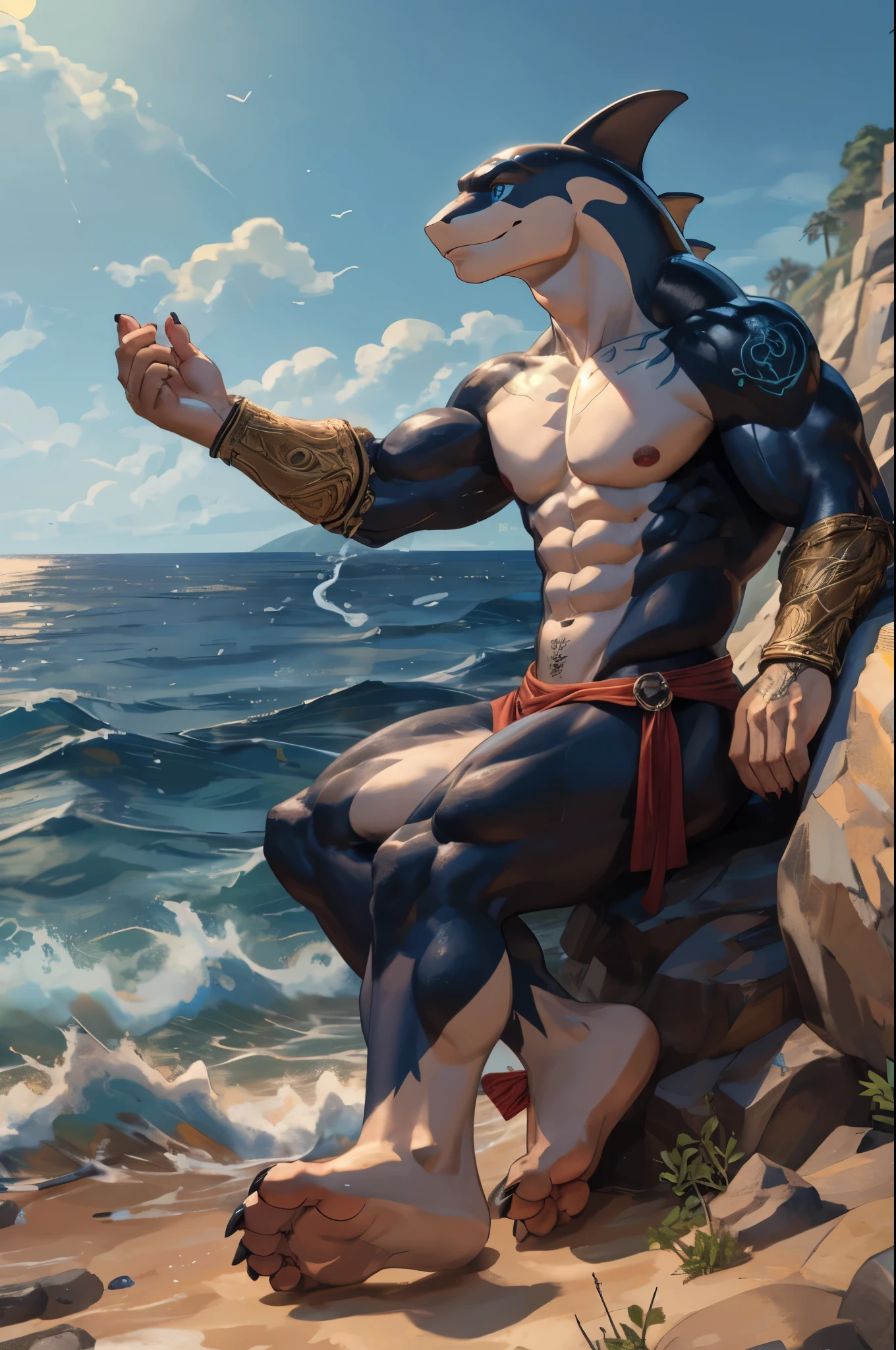 (((Barefoot furry character, full body, cinematic setting, furry male, plantigrade)))
(((Poseidon))) embodied as a powerful orca anthro with sleek black and white markings, sporting a trident tattoo on his bicep. He has a muscular physique and deep sea-blue eyes. Poseidon sits barefoot on a rocky shore, showing soles, waves crashing around him. The background features a vast ocean horizon dotted with ships and sea creatures. His attribute, the trident, is held firmly in one hand.
BREAK, detailed background, 8K, (masterpiece:1.5), intricate details, highly detailed, extreme detail, octane render, fine art, best quality, highres, (detailed face:1.5), ((full_body)), UHD, (((perfect hands))), low light