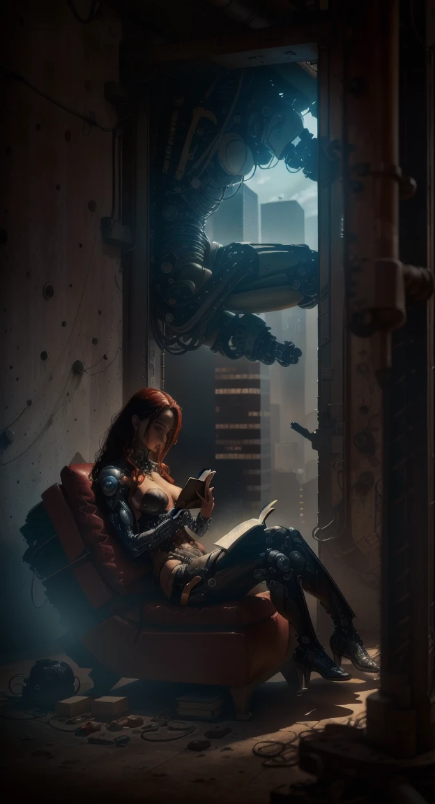 office in a skyscraper in a big city, cyborg woman sits in a luxurious chair and reads a book, Heavy men&#39;s boots, high quality, absurd, masterpiece, Beautiful, complex parts, 1/2 body trimmings, slender body, Beautiful figure, Magnificent Anatomy, (complex parts:1.12), HDR, (complex parts, hyper detail:1.15), (natural skin textures, hyperrealistic, soft light, spicy:1.2)