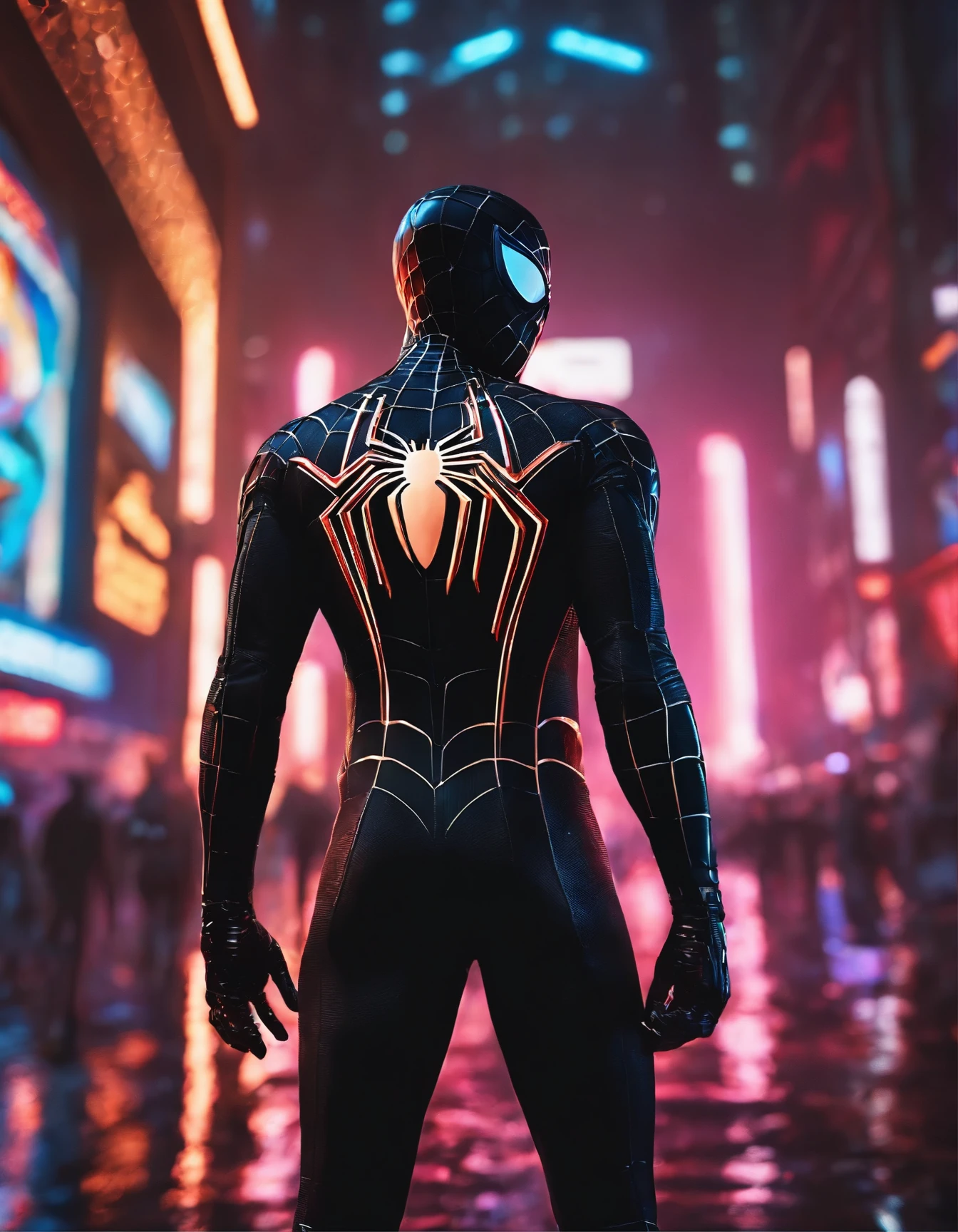 (high-quality,ultra-detailed,realistic,photorealistic:1.2),black suit,Spider-Man,in a cyberpunk environment,firing webs from his wrists,with intricate spider-web patterns all over his suit,glistening in the light of futuristic neon signs and holographic billboards.