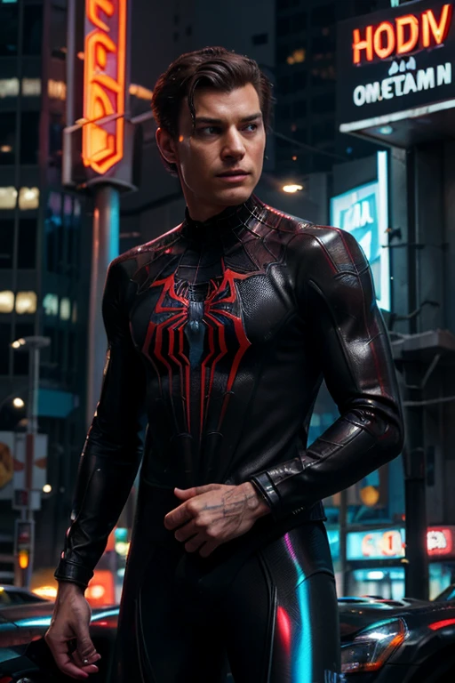 (high-quality,ultra-detailed,realistic,photorealistic:1.2),black suit,Spider-Man,in a cyberpunk environment,firing webs from his wrists,with intricate spider-web patterns all over his suit,glistening in the light of futuristic neon signs and holographic billboards.
