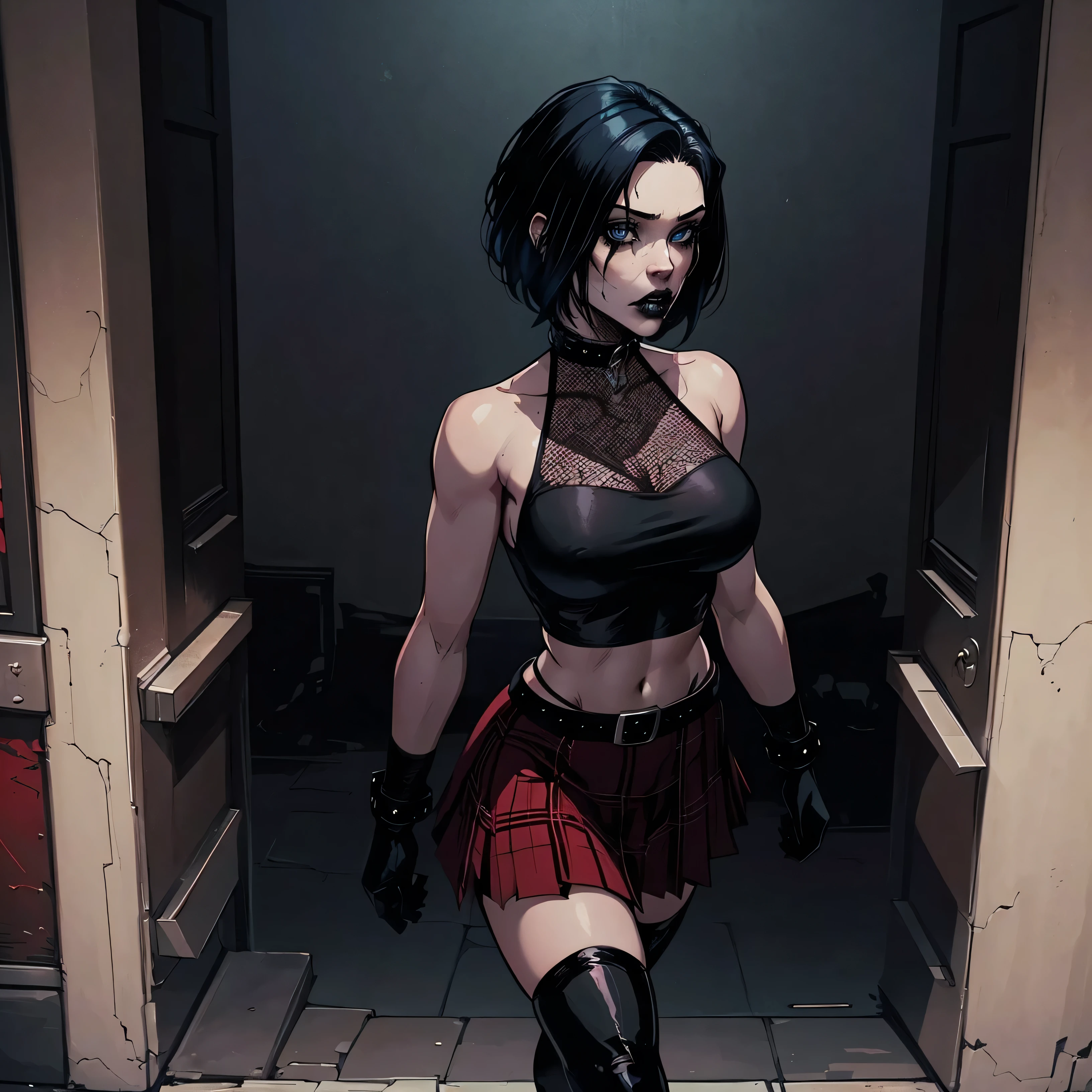 a woman with short black hair, hair on shoulders, wearing a black cropped and plaid skirt, blue eyes, zombie art, gothic art, cute aesthetic with vibe, toon aesthetic, wearing red costume, wearing gothic accessories, look like Cassie Hack, whole body, walking on the skrulls