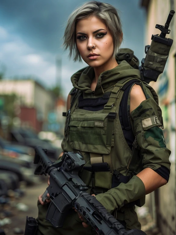hyperrealistic photography, Naughty cute Russian girl 18 years old, with freckles & bandage on nose, Blue short hair, in a soldier&#39;s helmet with glasses & full of icons, cool intense facial expression, big breasts, split, wear a white lace bra & military vest with pocket gun, wear blue jeans, raw cut shorts, with fishnet stockings & wear military boots, I pose cool and hold a cool weapon M-16 technique, background street alley raw with graffiti in raw style, good anatomy of the hand, body & fingers --v 6.0