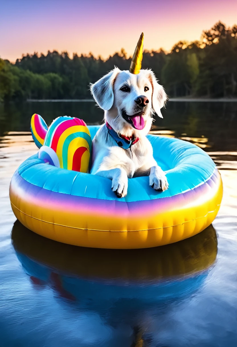 (dog on a float:1.5), 1dog, floating, unicorn, float, unicorn float, unicorn air mattress, (best quality,4k,8k,highres,masterpiece:1.2),ultra-detailed,realistic, HDR,UHD,studio lighting,extremely detailed dog, vivid colors, bokeh, dream-like, magical, ethereal lighting