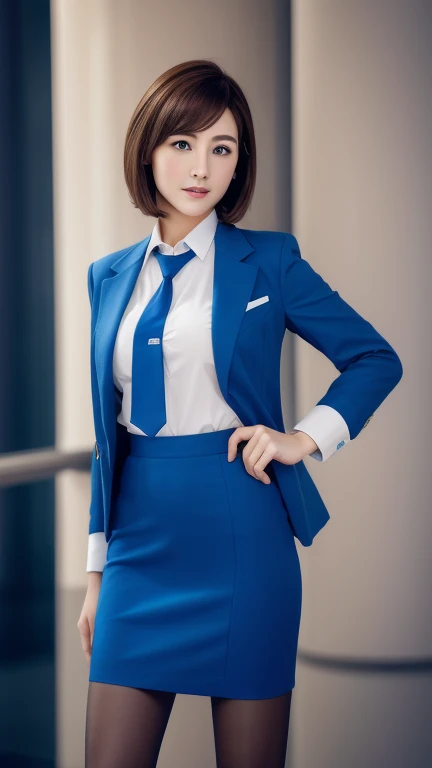 Airline stewardesses , Brown short bob hair、Delicate face、Detailed eyes and face、Blue blazer, Blue tie, Blue Skirt, Mid Skirt, Pencil Skirt, pantyhose、Blue High Heels, Large Breasts、Hilarious, highest quality, Ultra-high resolution、masterpiece、8K、Ultra HD