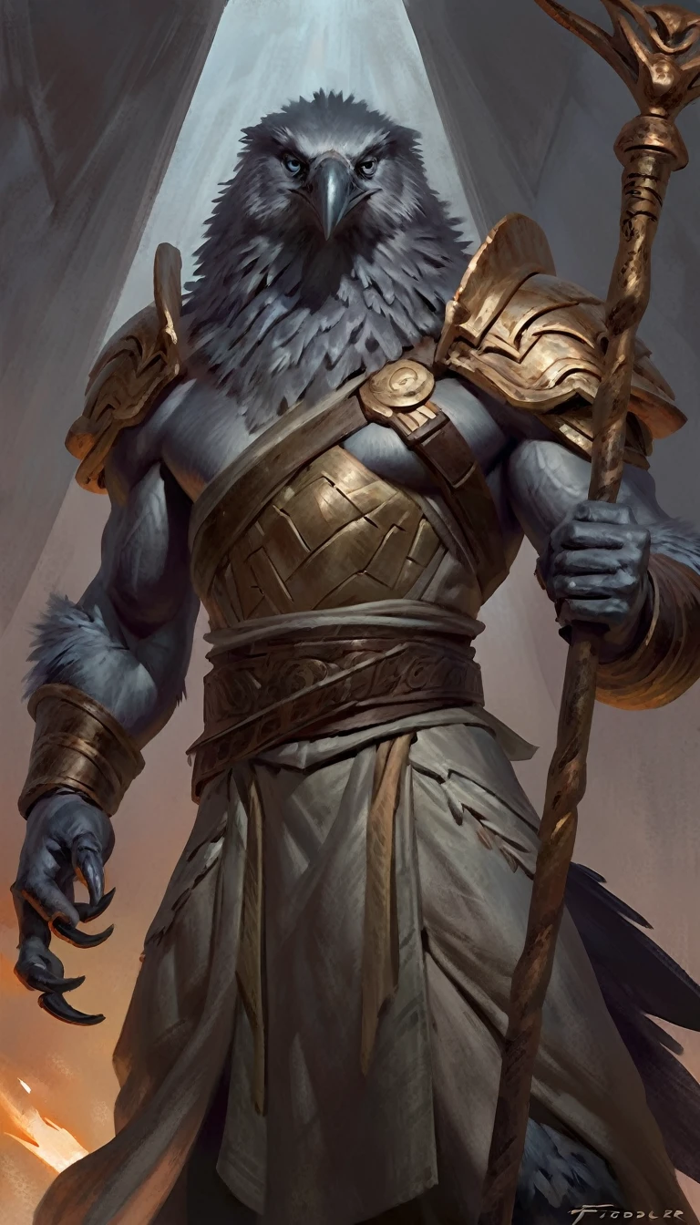 Anthro male grey raven, solo, serious expression, masterpiece, best art, body, by taran fiddler, detailed eyes, detailed body, claws, tall, pec, abs, nipple, pauldrons, armored pants, chest belt, muscular, talons, staff, greek robes, casting magic, wizard, dungeon