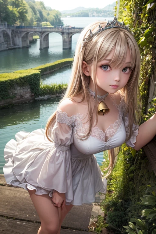 (1girl, Beautiful eyes with fine symmetry, detailed face texture, beautiful detail eyes), (cute-inspired dress with bell sleeves, impressive), many ruffle, floating gardens on a lake connected by bridges, creation of fantasy, proportional figure, (sensual pose, photo top angle), (Highly detailed), (high resolution), (Best quality), (masterpiece)
