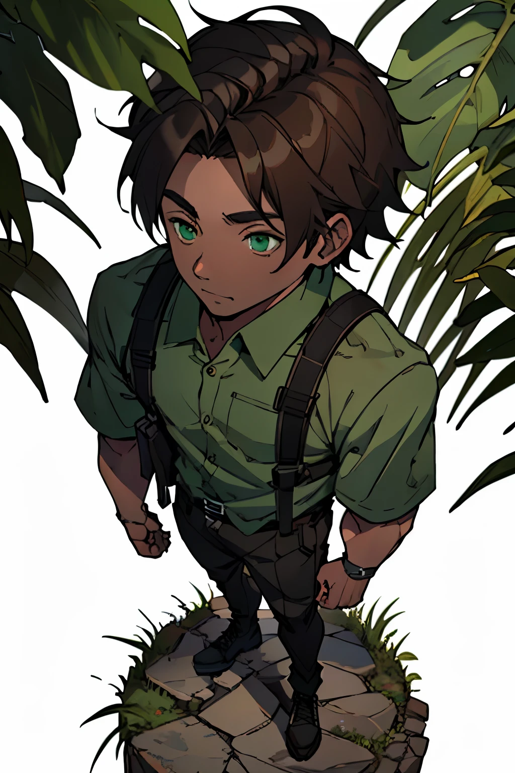 ((best quality)), ((work of art)), (detailed), perfect face, dark green eyes, brown skin, dark brown hair, short hair,  teenager, middle of the jungle, man, full body.