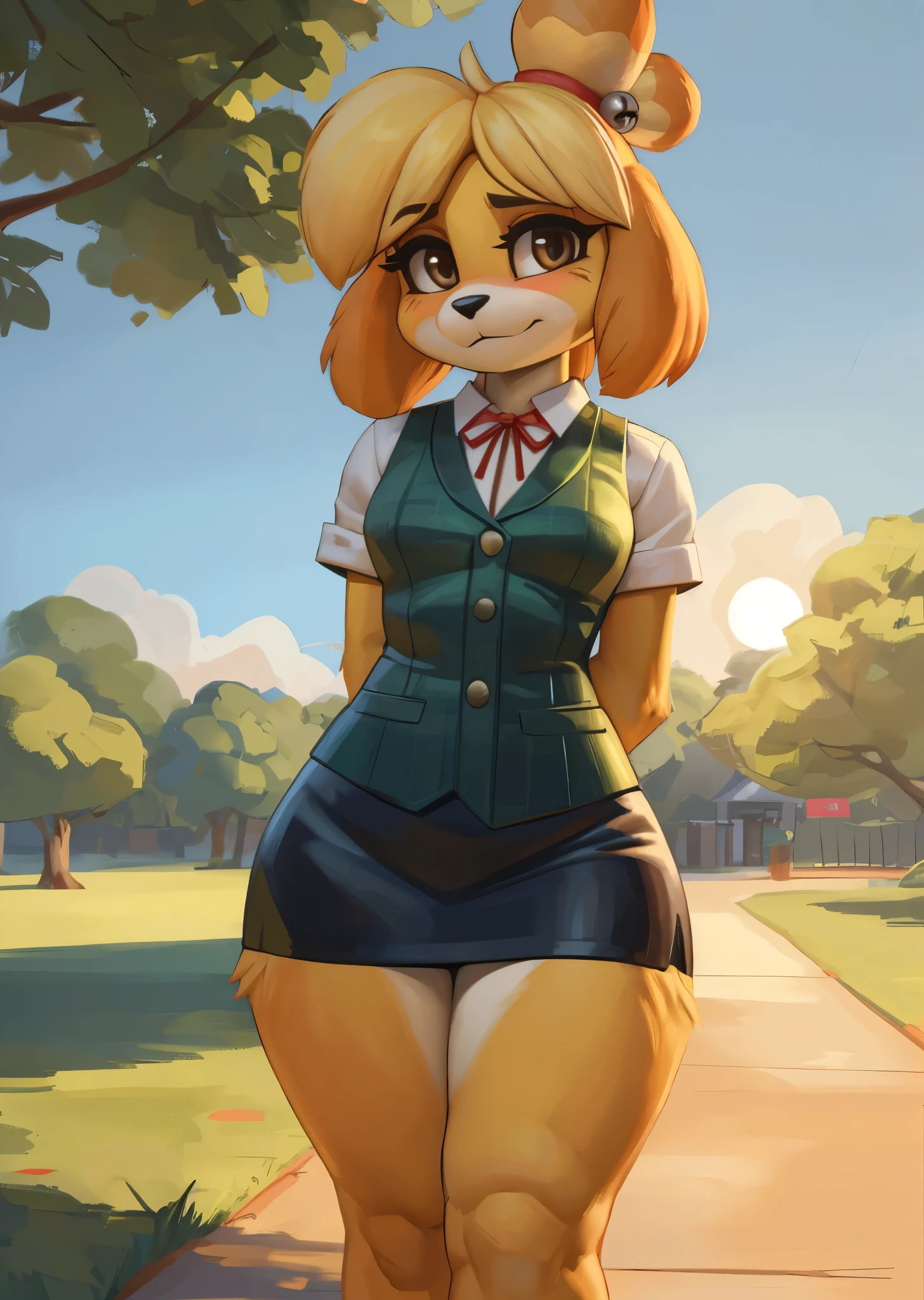 [isaCrossing], [Isabelle], [Animal Crossing], [Uploaded to e621.net; (Pixelsketcher), (wamudraws)], ((masterpiece)), ((HD)), ((high res)), ((solo portrait)), ((full body)), ((front view)), ((furry; anthro)), ((detailed fur)), ((detailed shading)), ((beautiful render art)), {anthro; (slim figure), yellow fur, black nose, (cute brown eyes), (blonde hair), (bells in hair), topknot, fluffy tail, (curvy hips), (beautiful legs), (blushing), (cute smirk)}, (nervous expression)}, {(red ribbon in hair), (short green vest), (navy blue pencil skirt), (brown loafers)}, {(standing), (nervous demeanor), (arms behind back), (looking at viewer)}, [background; (park), (grass plains), (beaten path), (blue sky), (sun rays), (ambient lighting)]
