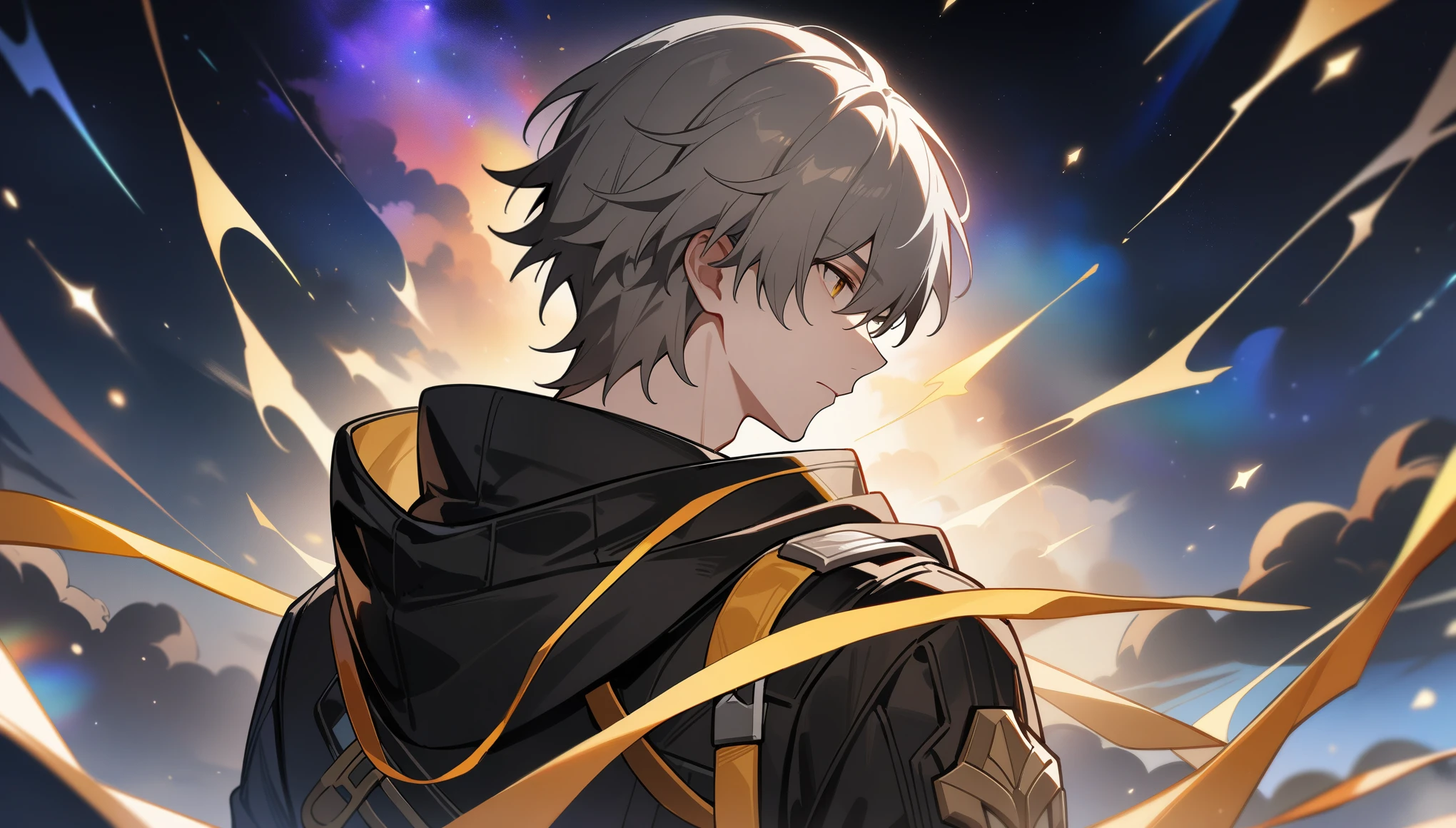 1boy, male focus, caelus, trailblazer, honkai star rail, masterpiece, best quality, close up, back turned, looking over shoulder, cosmic night, fantasy, stars, absurdres, epic composition, centered, masterpiece, clean lineart, clean anime outlines, best quality, high quality, high details, super detail, anatomically correct, best quality, ultra-detailed, colorful, dynamic lighting, HD,