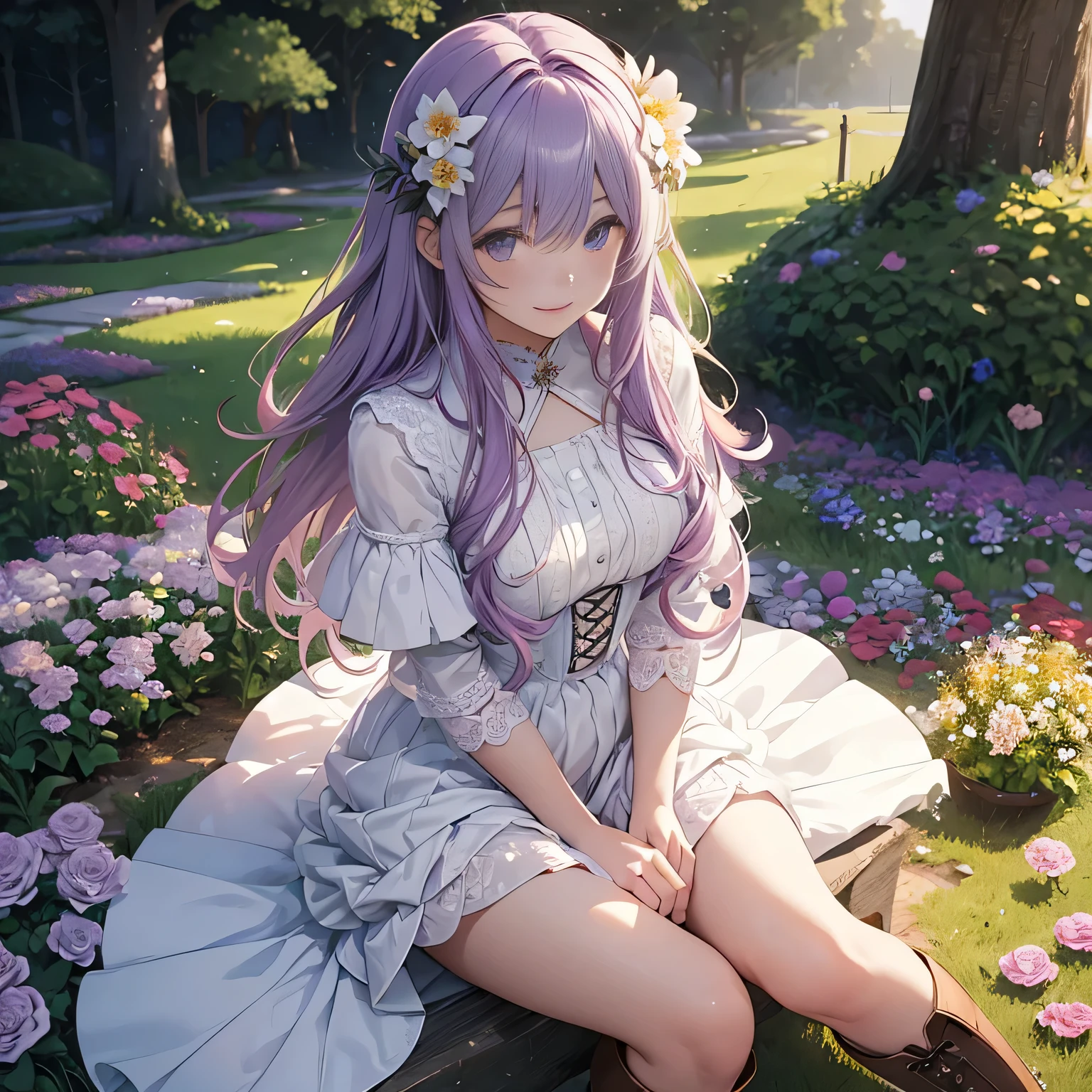 1 girl 18-year-old sitting on the flower hill near lake, long light violet hair, gentle face, gentle smile, fantasy theme, white dress finely detail, dark leather boots, beautiful face, finely detail, flower bloom background, masterpiece, best quality,