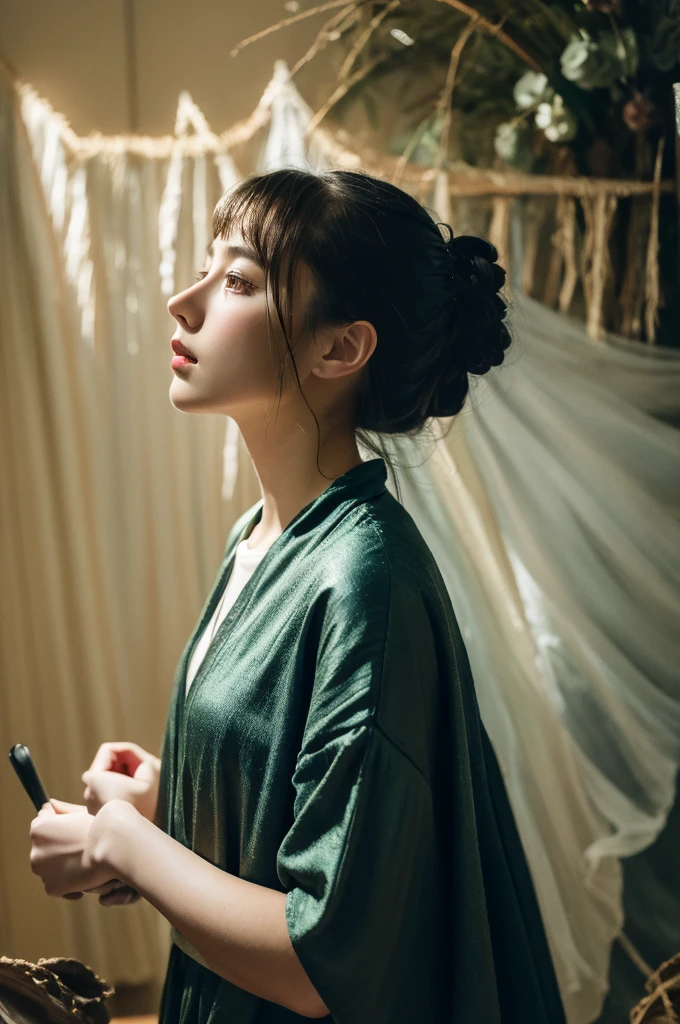 ( masterpiece, top quality, best quality,8k, girl,ultra detailed,raw photo:1.5),(photorealistic:1.4), (cinematic lighting), PerfectNwsjMajic, , Surrealism, UHD, ccurate, Super detail, textured skin, High detail, Best quality, dynamic angle, White skin,[Beautiful blue eyes], high nose,[flat chest:large breasts:0.5],(1girl),(good anatomy:0.5)), Dreamy atmosphere, Dark,expressive brush strokes, mystical ambiance, Artistic interpretation, Stunning Studio Ghibli style costumes, a whimsical illustration, Subtle colors and tones, mystical aura,straight face,outside