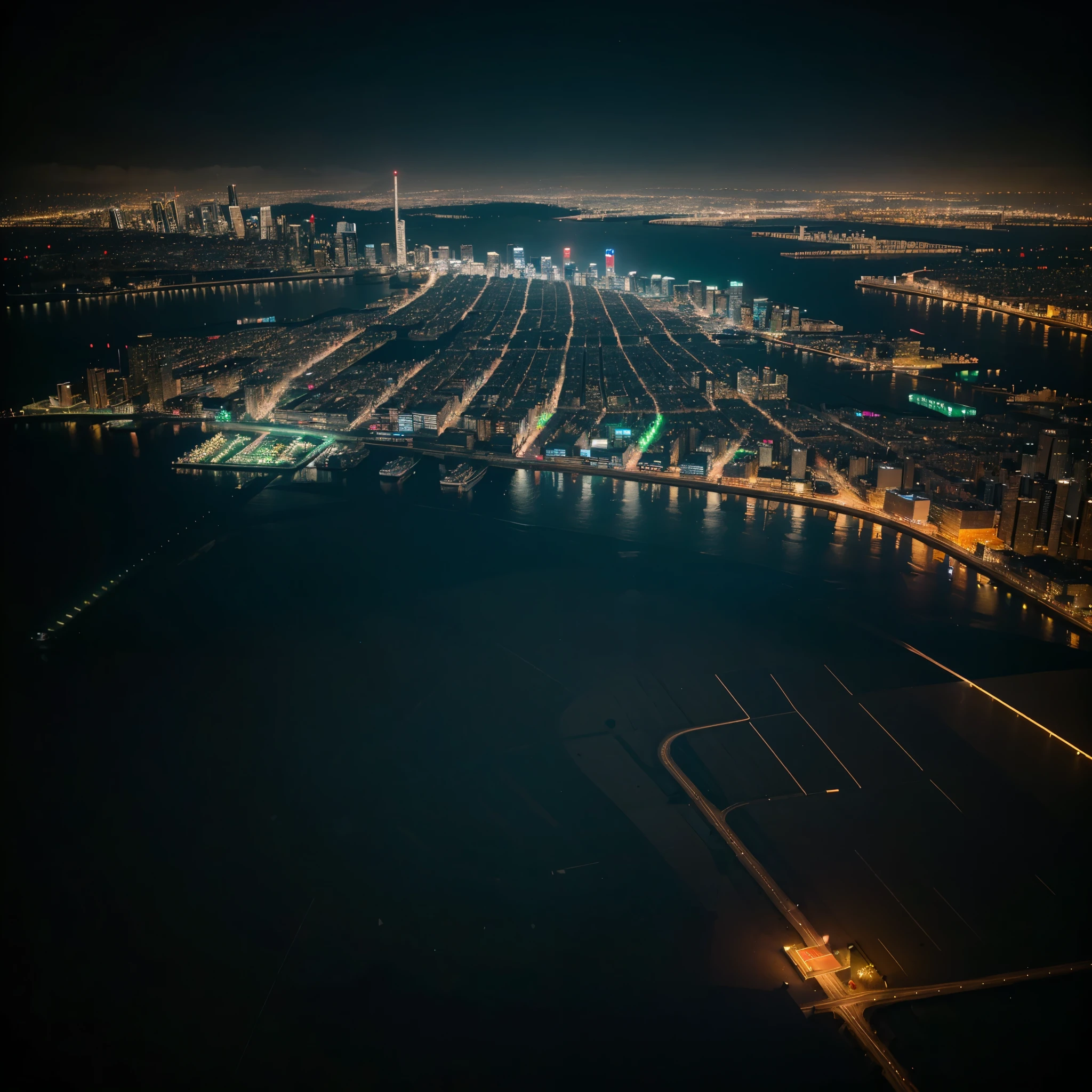 Aerial night view of a lit city, showing streets and buildings glowing under neon lights, conveying a sense of calm and quietude