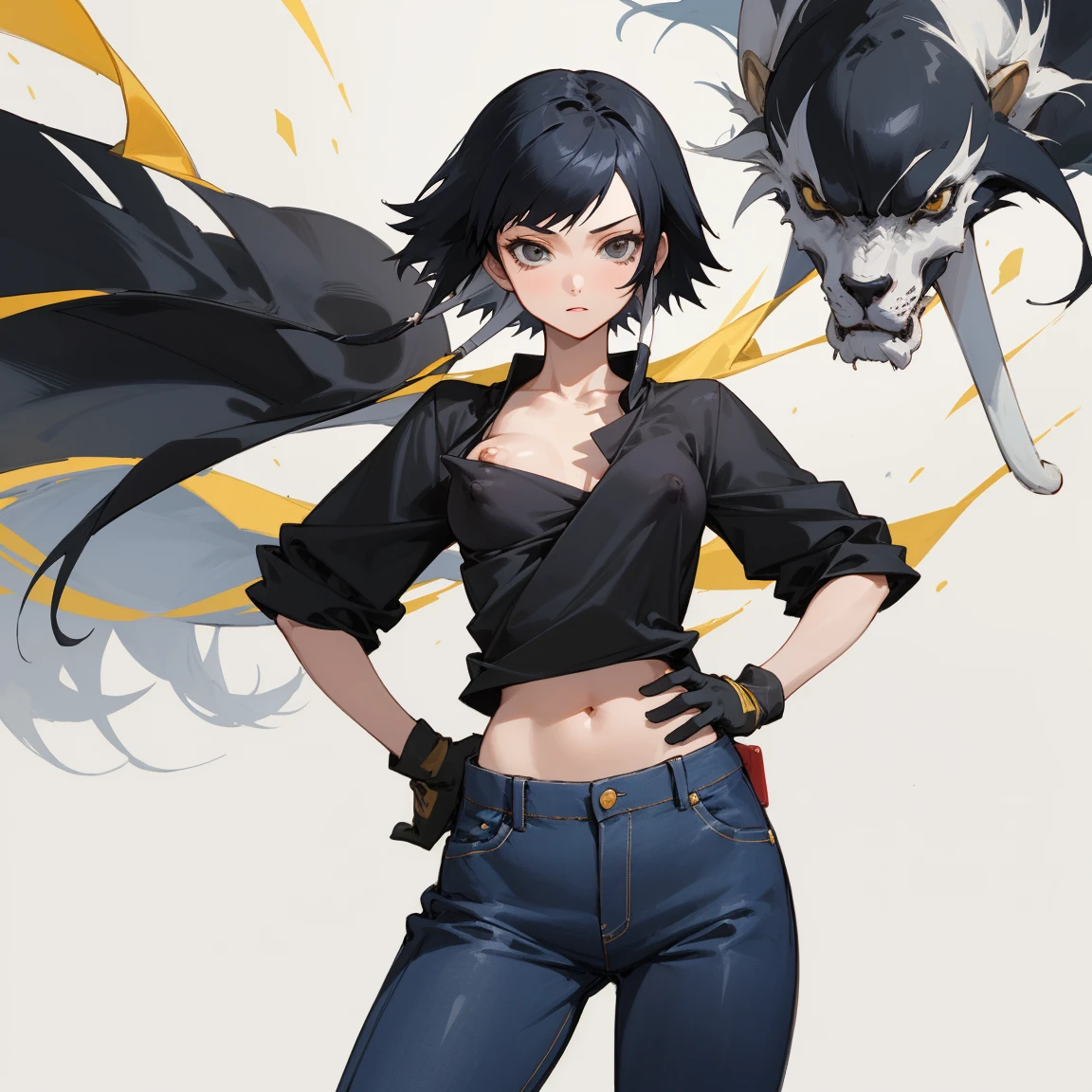 ((highest quality)), ((masterpiece)), (Familiar),  BLEACH,Soi Fon, 1 girl, alone,  Erect nipples, Black Hair,Slanted Eyes, Black clothes,Black Shirt,jeans, thin,thin,short hair with long locks, short hair, Small breasts, gloves, Hands on hips