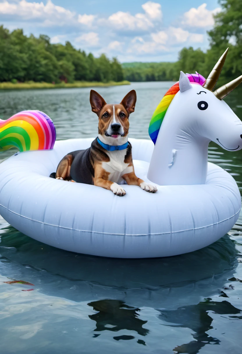 (dog on a float:1.5), 1dog, floating, unicorn, float, unicorn float, unicorn air mattress, (best quality,4k,8k,highres,masterpiece:1.2),ultra-detailed,realistic, HDR,UHD,studio lighting,extremely detailed dog, vivid colors, bokeh, dream-like, magical, ethereal lighting