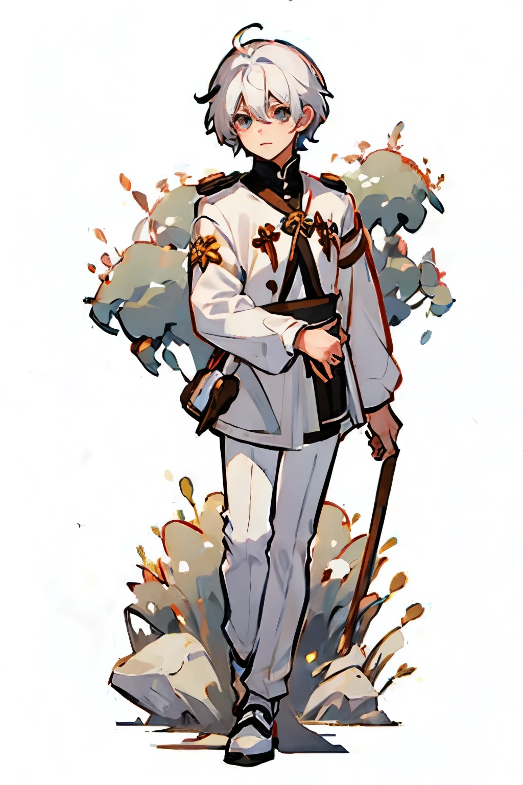 a white hair ,he is a boy ,wearing a student cloth ,q version