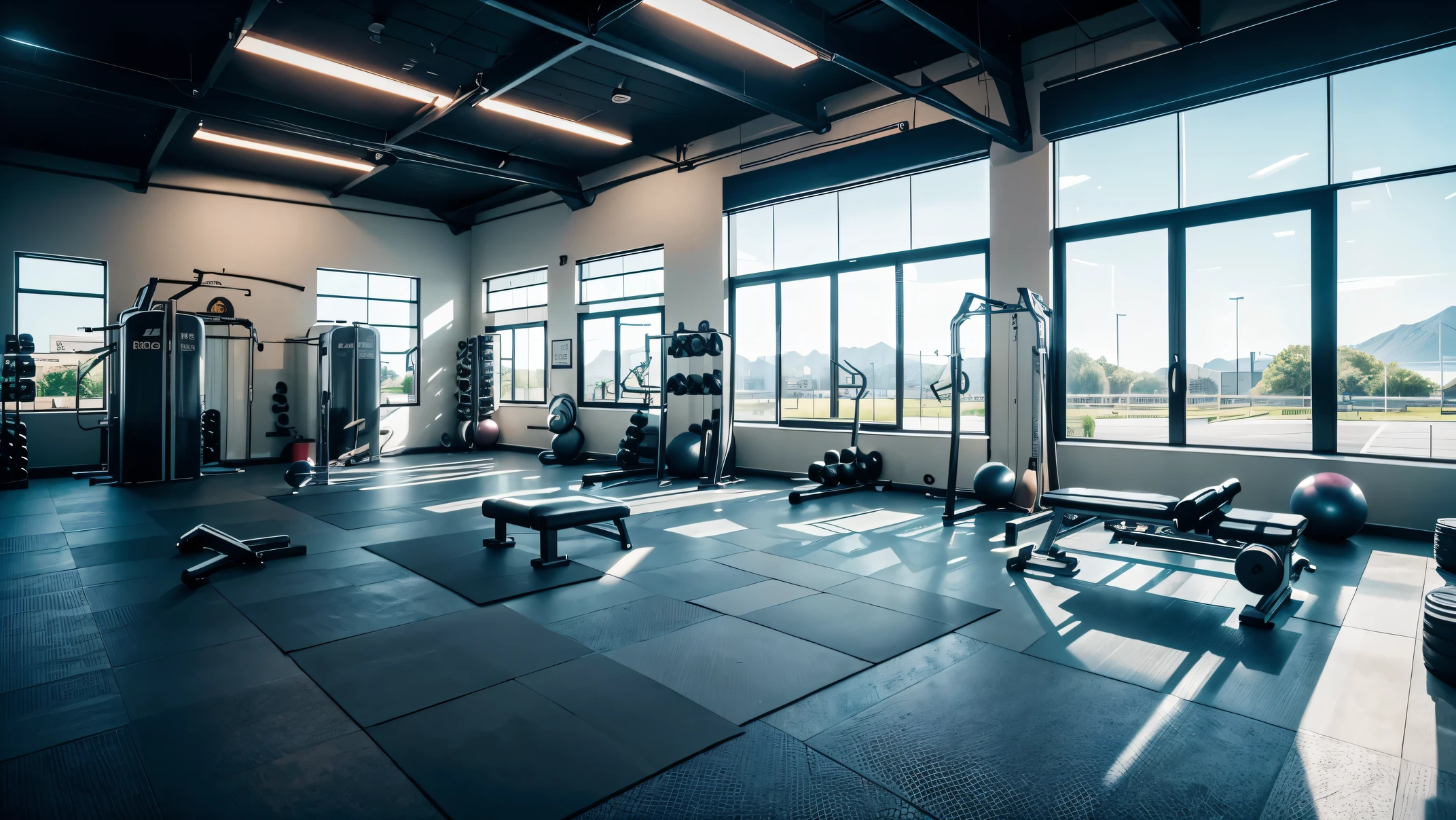 (best quality,realistic),spacious gym with background strength training equipment,detailed and realistic image of a spacious gym with weightlifting equipment in the background,low lighting,ultra-detailed,(realistic,photorealistic,photo-realistic:1.37),sharp focus