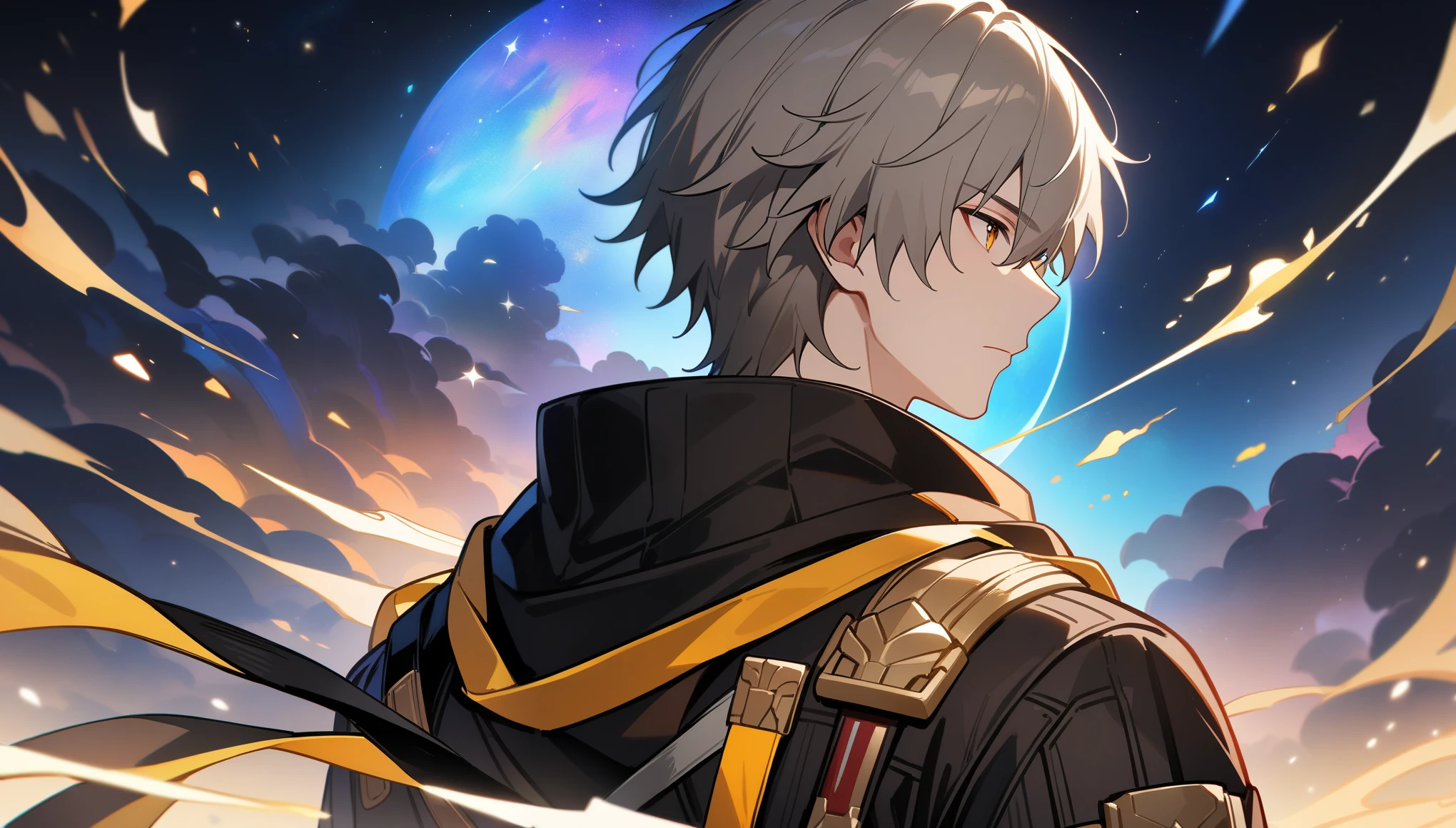 1boy, male focus, caelus, trailblazer, honkai star rail, masterpiece, best quality, close up, back turned, looking over shoulder, cosmic night, fantasy, stars, absurdres, epic composition, centered, masterpiece, clean lineart, clean anime outlines, best quality, high quality, high details, super detail, anatomically correct, best quality, ultra-detailed, colorful, dynamic lighting, HD, 
