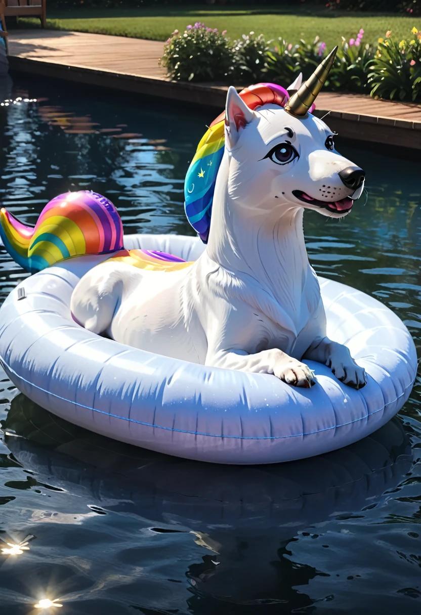 (dog on a float:1.5), 1dog, floating, unicorn, float, unicorn float, unicorn air mattress, (best quality,4k,8k,highres,masterpiece:1.2),ultra-detailed,realistic, HDR,UHD,studio lighting,extremely detailed dog, vivid colors, bokeh, dream-like, magical, ethereal lighting