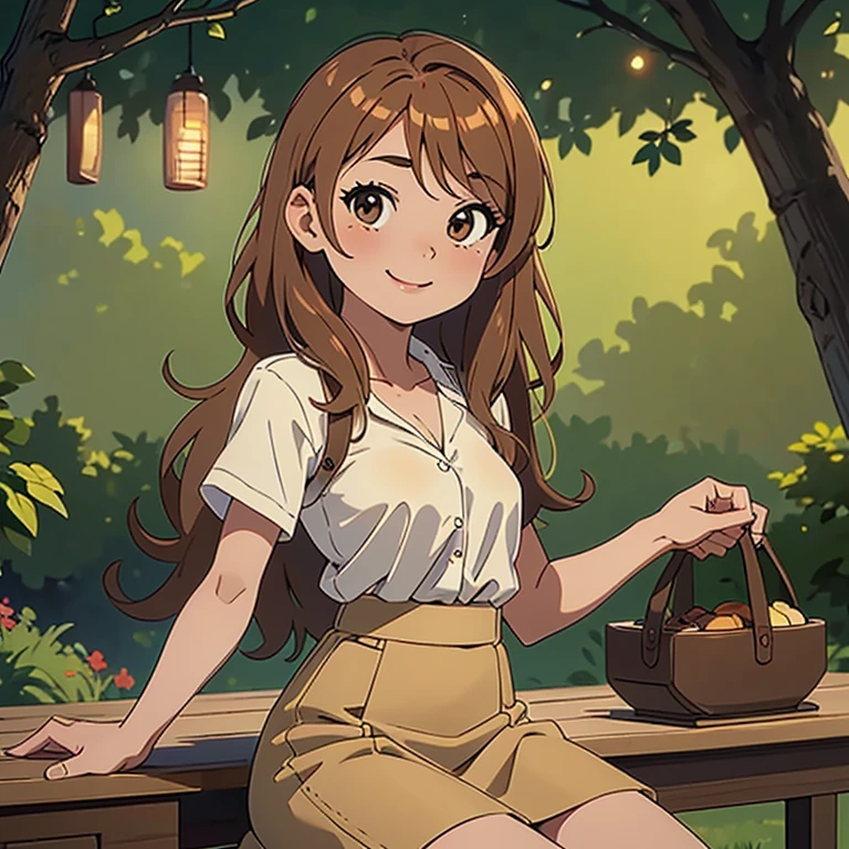 1 chica, By the chestnut, Light brown eyes,medium tabs ,Labios gruesos, Delgada , small breasts,  sonriendo dulcemente, con una camisa de botones blanca, and a long light brown skirt 