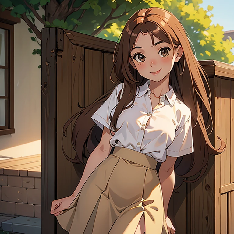 1 chica, By the chestnut, Light brown eyes,medium tabs ,Labios gruesos, Delgada , small breasts,  sonriendo dulcemente, con una camisa de botones blanca, and a long light brown skirt 