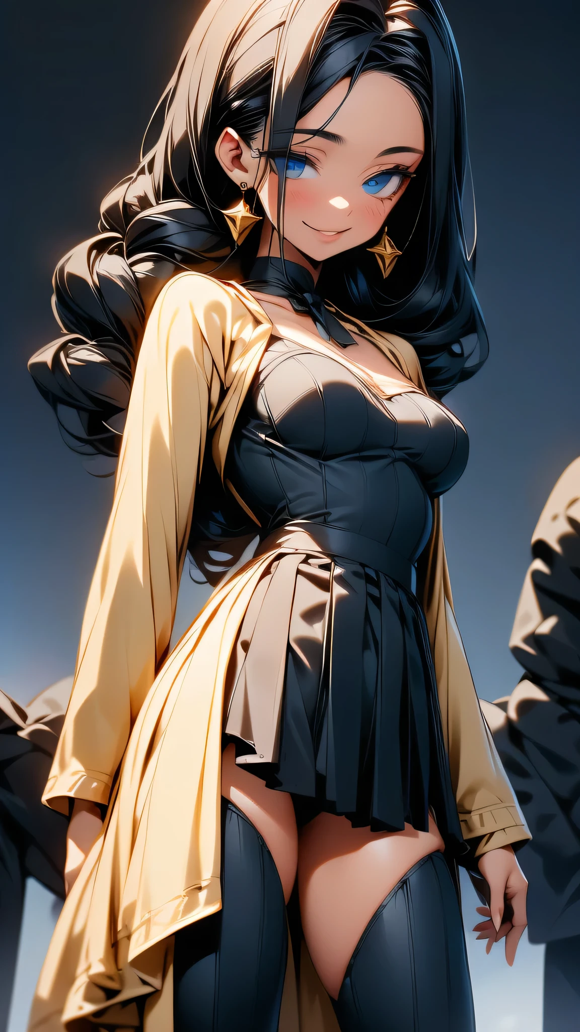 1girl, black hair, long hair, straight hair, blue eyes, happy, smile, carbon fiber body suit, body suit, solo, blue sky, ocean, pleated mini skirt, (very detailed background:1.0), (highly detailed background:1.0),