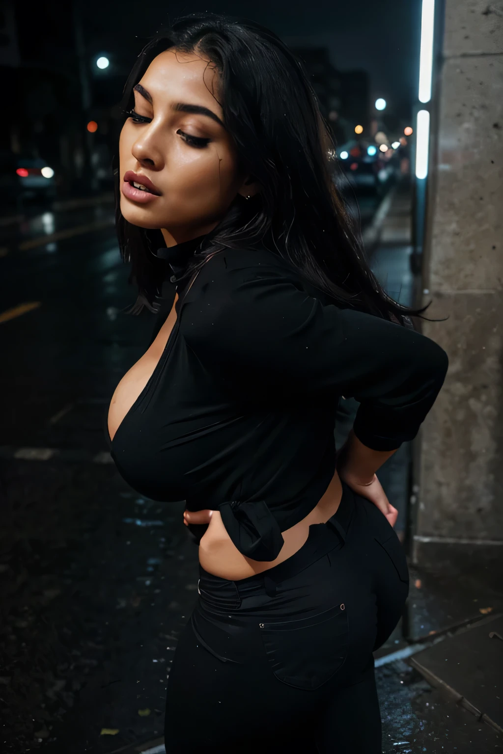 Indian Sexy Woman in Latex Golden Wonder Woman Costume, Latex Tight Micro Bra, Latex Tight Tiny Shorts, Huge Breasts, Huge Ass, Necklace, Bangles, Leather High Boots, Seductive Eyes, Oily and Shiny Body, Dominating for Sex, flaunting her Huge Breasts, Dark Semi-ruined Cyberpunk City on the background