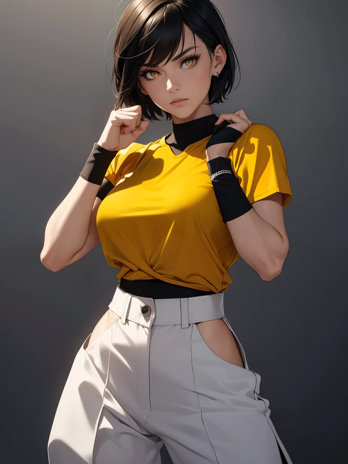 Furious Female boxer lifting the hands in clinch posture, yellow glowing eyes, yellow eyes, short hair wearing boxing gloves, punching the camera, makeup, mascara, Lips are subdued or  colors, Minimalism, monotone, simple color palettes, Clean, sharp designs, flowing silhouettes, sports clothes, fighting clothes, high-waisted short, simple dresses, shirts, pants and blouses, asymmetrical, geometric, Elegant and luxurious materials and designs, Simple, minimal accessories, Distinctive designs, simple silhouettes, chic and mature impression, simple and sophisticated style, elegance, minimalism, high quality materials, cool and urban impression, high fashion, , simplicity and sophistication,