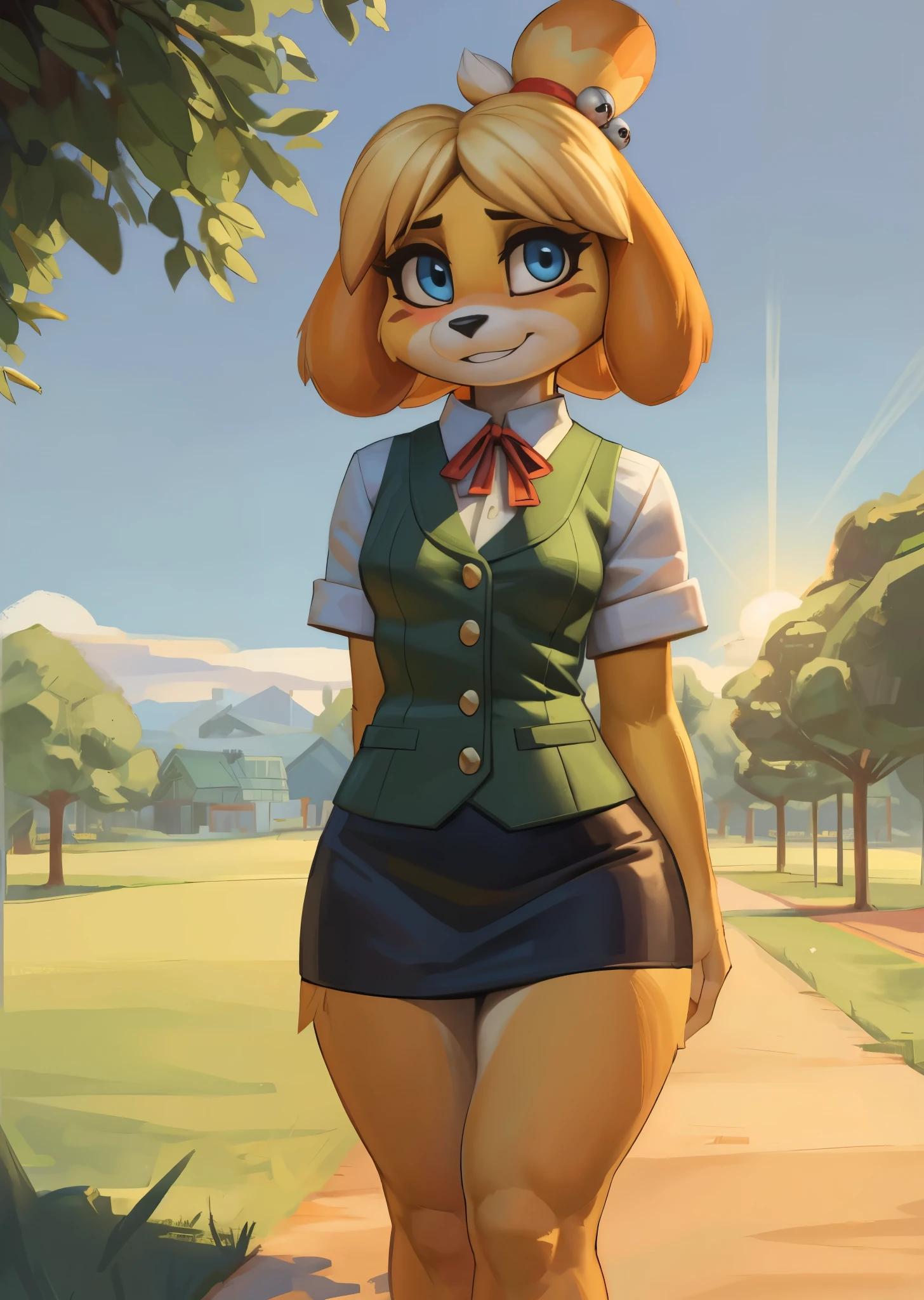 [isaCrossing], [Isabelle], [Animal Crossing], [Uploaded to e621.net; (Pixelsketcher), (wamudraws)], ((masterpiece)), ((HD)), ((high res)), ((solo portrait)), ((full body)), ((front view)), ((furry; anthro)), ((detailed fur)), ((detailed shading)), ((beautiful render art)), {anthro; (slim figure), yellow fur, black nose, (cute blue eyes), (blonde hair), (bells in hair), topknot, fluffy tail, (curvy hips), (beautiful legs), (blushing), (cute smile)}, {(red ribbon in hair), (short green vest), (navy blue pencil skirt), (brown loafers)}, {(standing), (nervous demeanor), (arms behind back), (looking at viewer)}, [background; (park), (grass plains), (beaten path), (blue sky), (sun rays), (ambient lighting)]