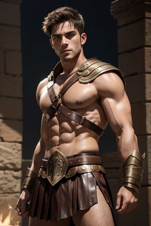 "best quality, masterpiece:1.2, awesomely attractive gladiator, 23-year-old male, toned abs, close-up, full body image, ancient gladiator wearing leather skirt, action scene, realistic photograph"