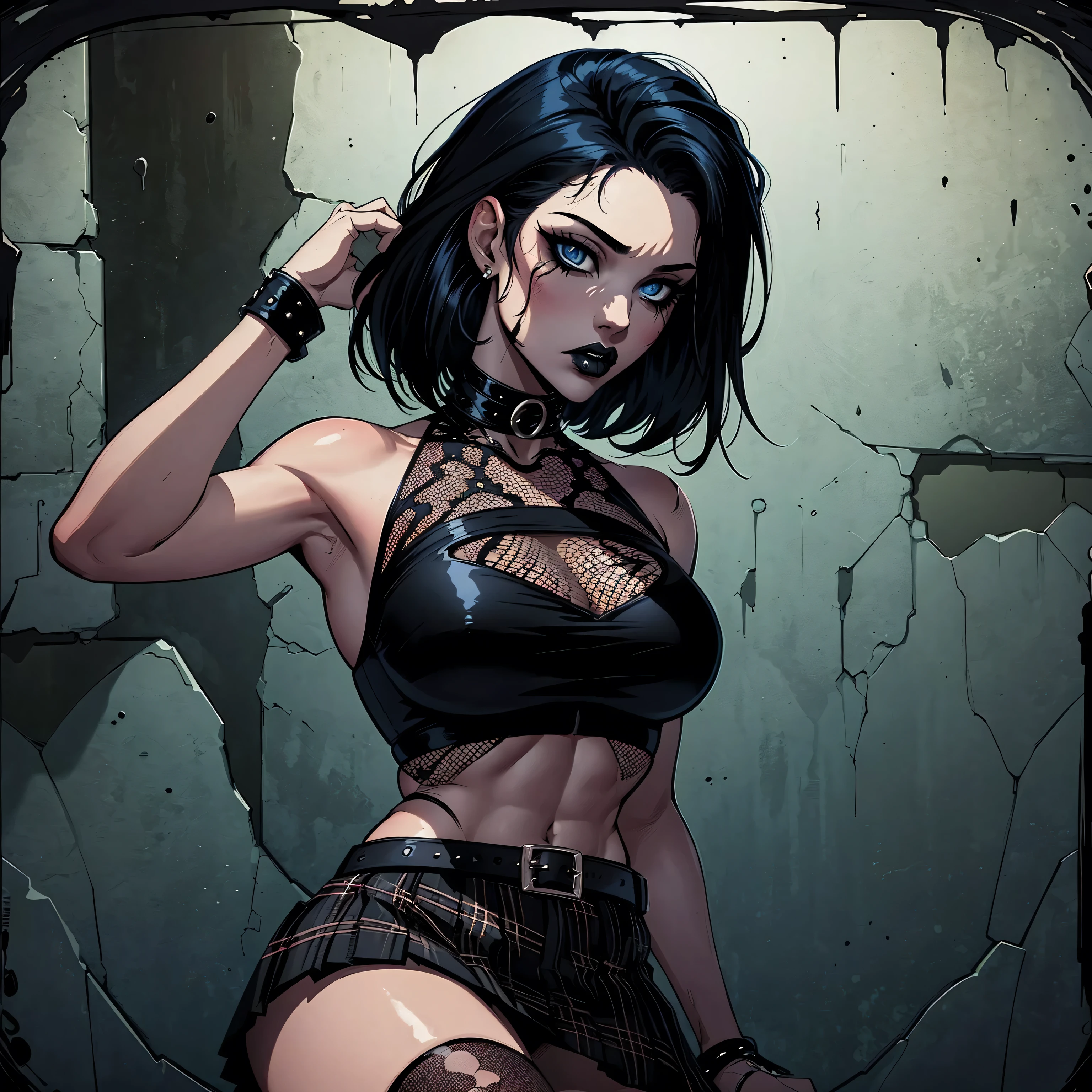 a woman with short black hair wearing a black cropped  and plaid skirt, blue eyes, zombie art, gothic art, cute aesthetic with vibe, toon aesthetic, wearing red costume, wearing gothic accessories, look like Cassie Hack