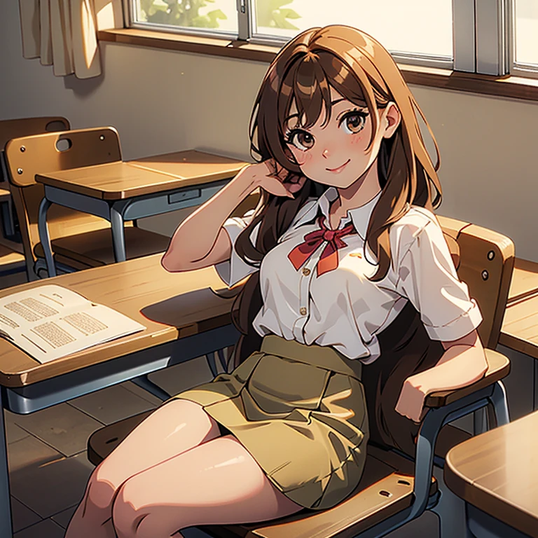 1 chica, By the chestnut, Light brown eyes,medium tabs ,Labios gruesos, Delgada , small breasts, sonriendo dulcemente, con una camisa de botones blanca, and a long light brown skirt, en un aula de clases sentada en su silla decorando su pupitre