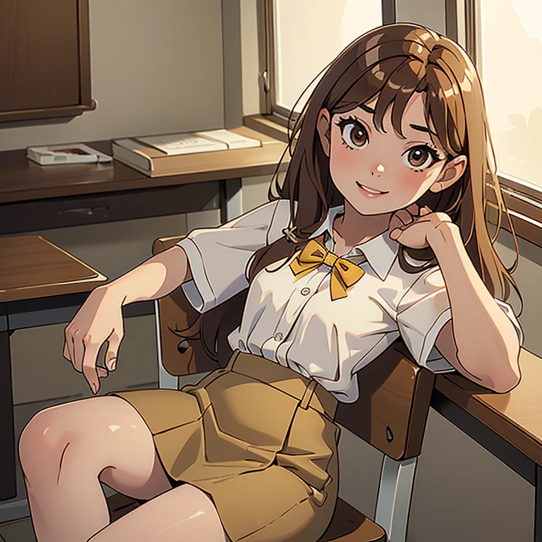 1 chica, By the chestnut, Light brown eyes,medium tabs ,Labios gruesos, Delgada , small breasts,  sonriendo dulcemente, con una camisa de botones blanca, and a long light brown skirt, en un aula de clases sentada en su silla decorando su pupitre 
