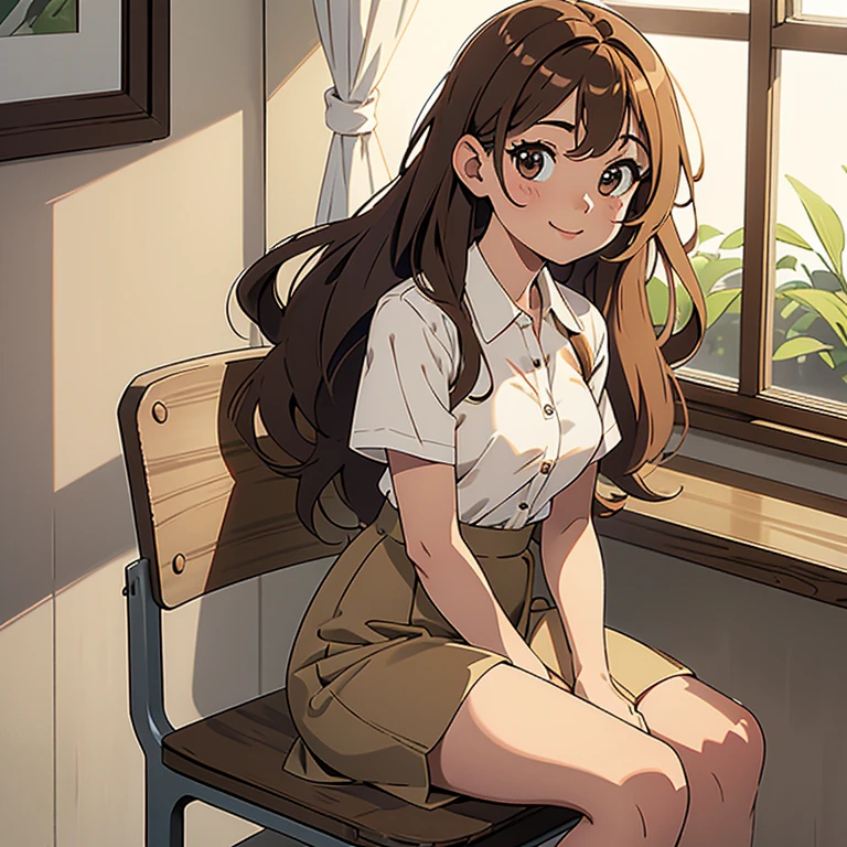 1 chica, By the chestnut, Light brown eyes,medium tabs ,Labios gruesos, Delgada , small breasts, sonriendo dulcemente, con una camisa de botones blanca, and a long light brown skirt, en un aula de clases sentada en su silla decorando su pupitre