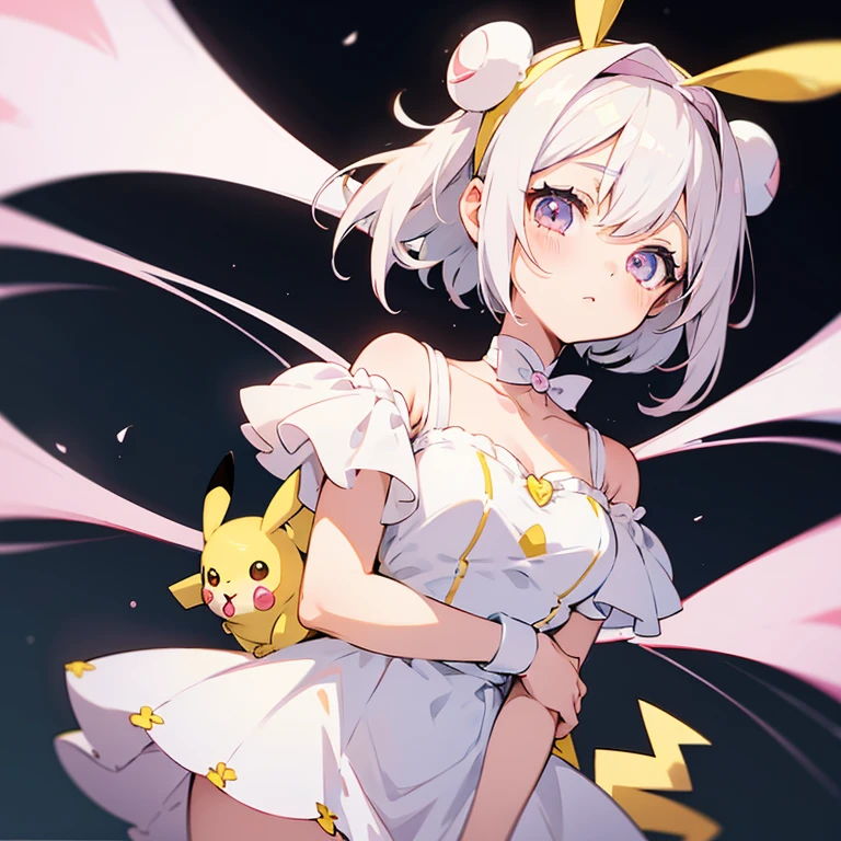  Anime girl with short white hair and with some bunny hair accessories and a headband of pikachu ears on her head, vestido rosa pastel corto y panties blancas, ojos de color cafe claro y piel clara con tonos rosas en sus mejillas 