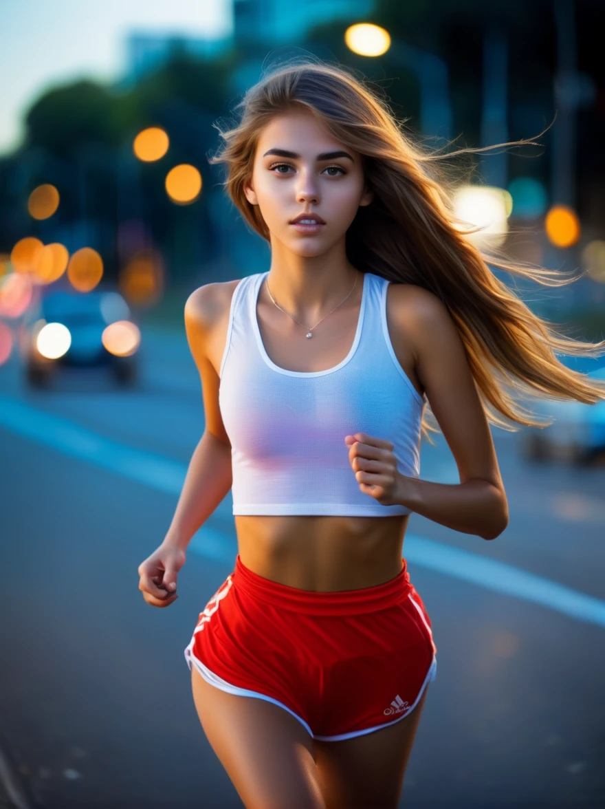 Extremely beautiful 18 year old girl running,(Belleza extremadamente cura:1.2),Cara muy clara,Carretera de la ciudad de ruido nocturno,muy lindo,phenomenal aesthetics,Incredible photos,cinematic lighting,ojos claros y perfectos,pelo corto dorado claro,bokeh,sexy confianza en uno mismo,orgulloso e independiente,NSFW,luz que fluye y colores coloridos,