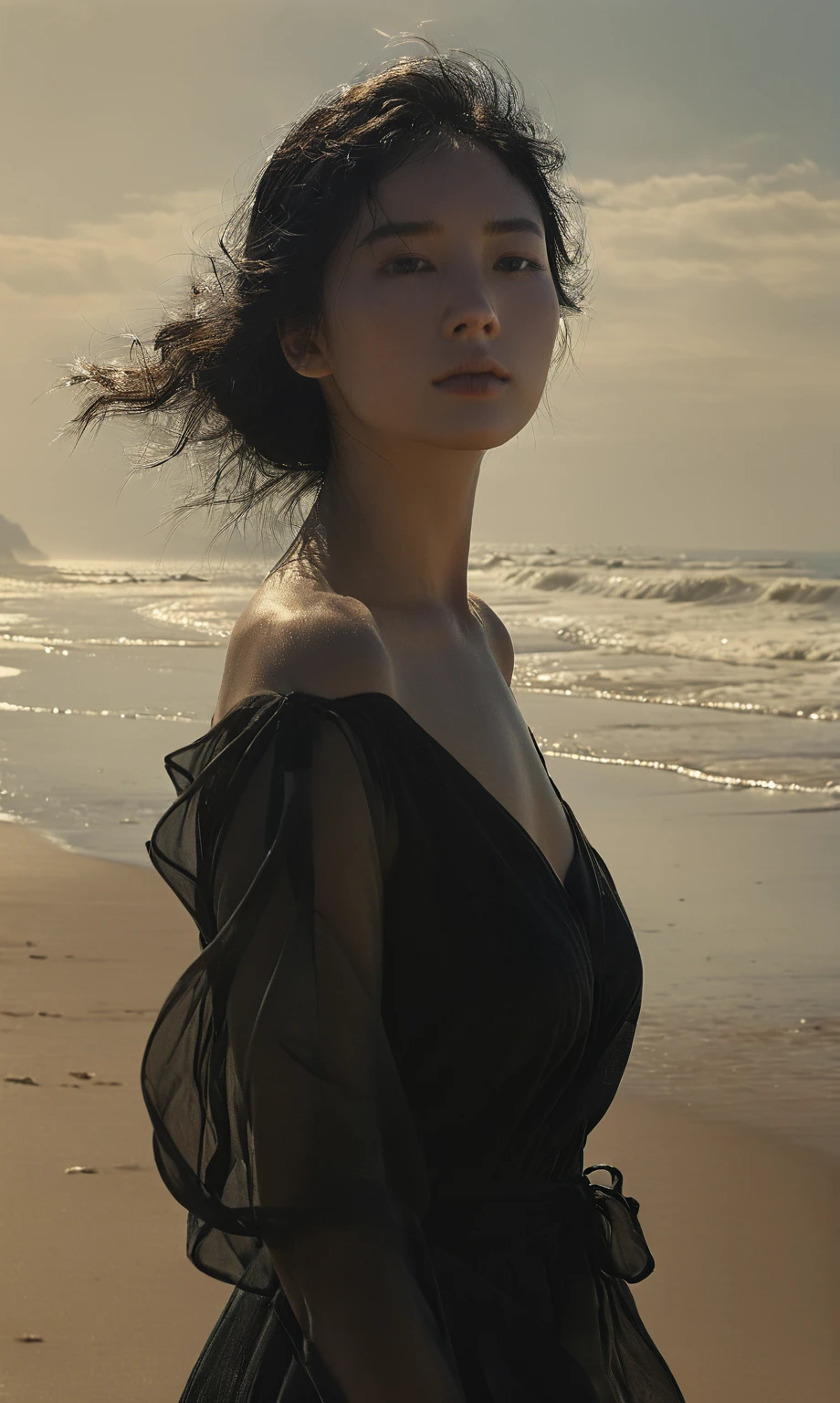arafed woman in a black dress on a beach near the ocean, nick alm, by Shen Zhou, by Zheng Xie, jeremy lipking, range murata jeremy lipking, by Ji Sheng, by Han Gan, by Zhou Chen, by Liu Jun, alexi zaitsev, by Ren Xiong, wlop jeremy lipkin