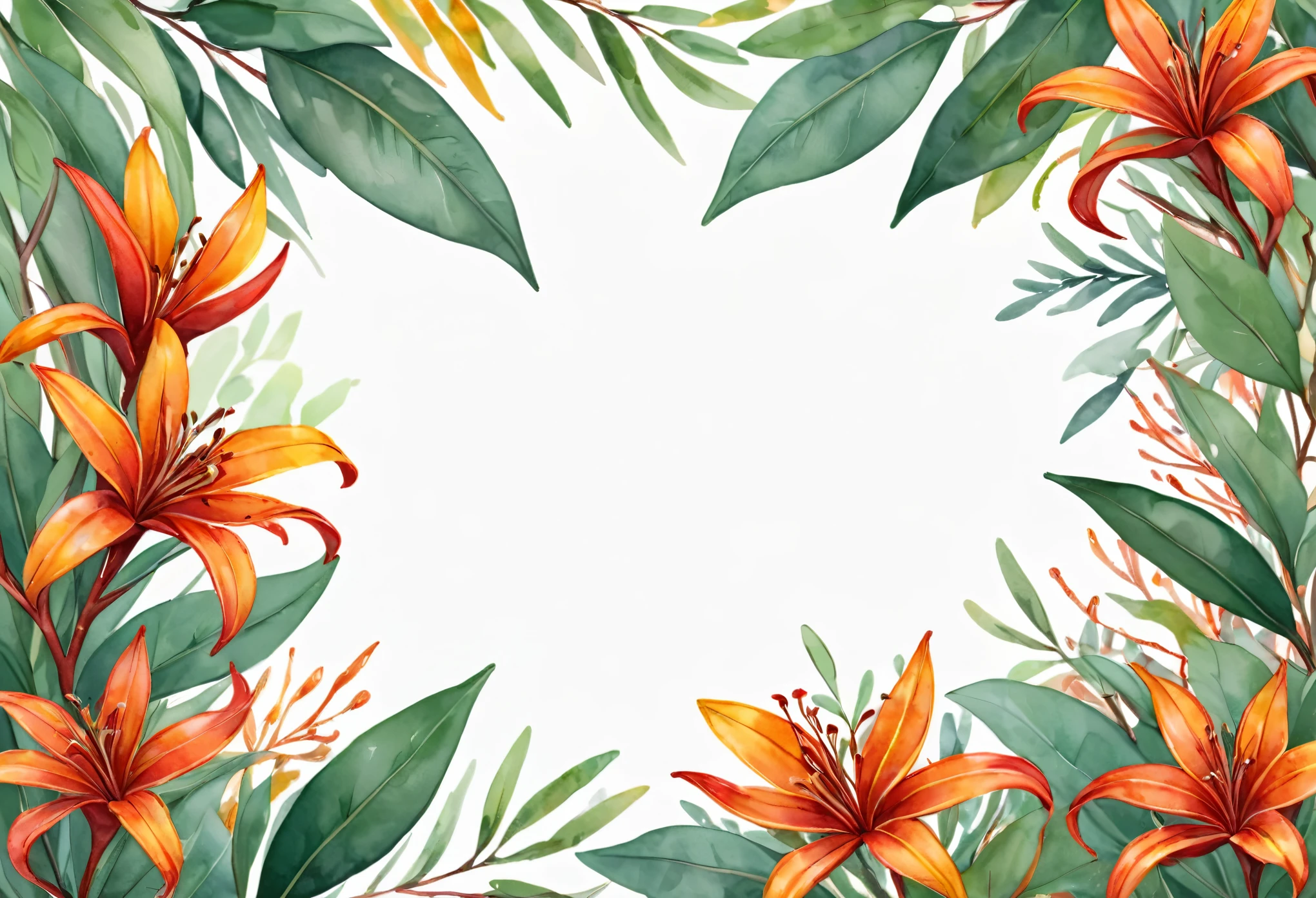 Kangaroo Paw flower frame, set against a backdrop of lush greenery and eucalyptus leaves. on a White background, illustration design, flat design, Styles watercolor and ink splashes, detailed strokes, vibrant shades of red, orange, and yellow color palette, watercolor splashes, flat design, ethereal,4k