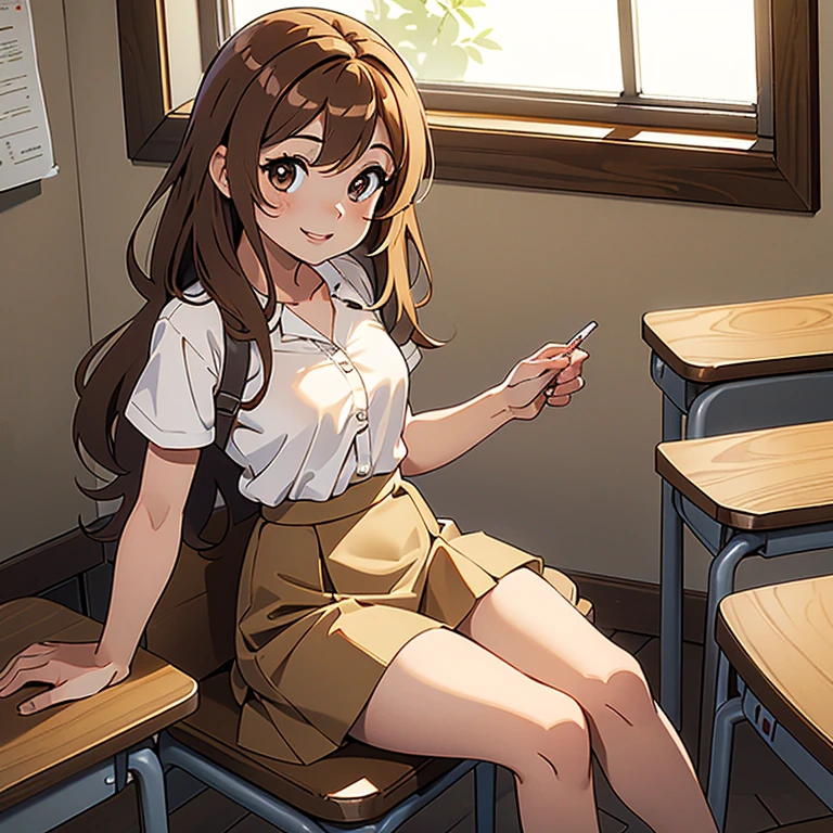 1 chica, By the chestnut, Light brown eyes,medium tabs ,Labios gruesos, Delgada , small breasts, sonriendo dulcemente, con una camisa de botones blanca, and a long light brown skirt, en un aula de clases sentada en su silla decorando su pupitre