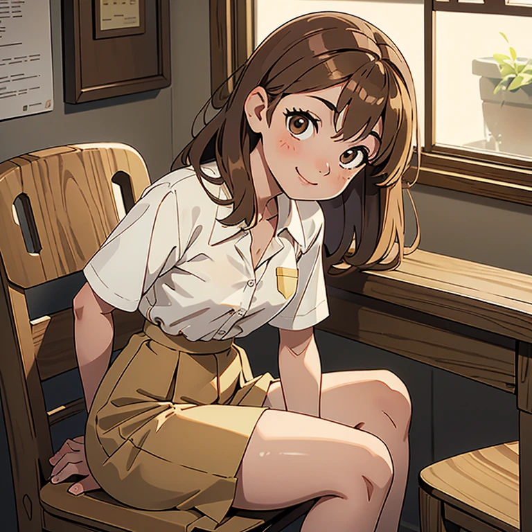 1 chica, By the chestnut, Light brown eyes,medium tabs ,Labios gruesos, Delgada , small breasts,  sonriendo dulcemente, con una camisa de botones blanca, and a long light brown skirt, en un aula de clases sentada en su silla decorando su pupitre 