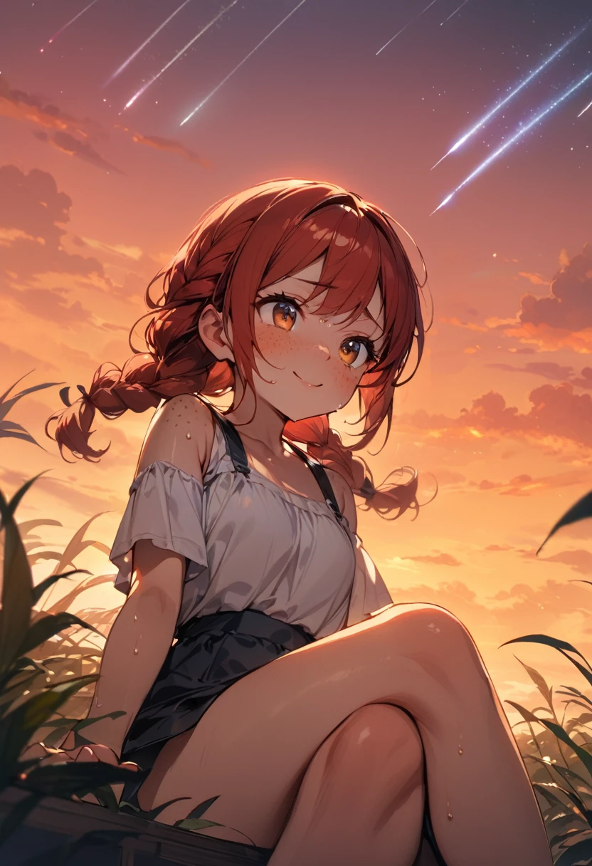 young girl(red hair, freckles, big eyes,), masterpiece, ultra-detailed, ((((best quality)))), summer, large field, braid hair, modest clothes, evening, orange sky, detailed sky, blush, (((cumulonimbs))), sitting, wind, bitter smile, heart, leaves, viewing from below, zettai ryoiki, sweat, (((shooting stars))), stars, (crossing legs), sweat