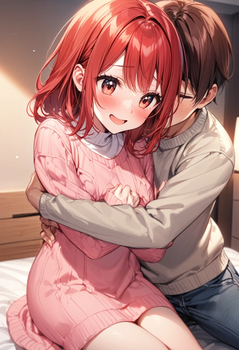 couple, young girl(red hair, freckles, big eyes, shy, pink dress), young boy(sweater, jeans), they hug together (1girl hug 1boy), in private bedroom, girl smile very happy blush emotion, has beautiful