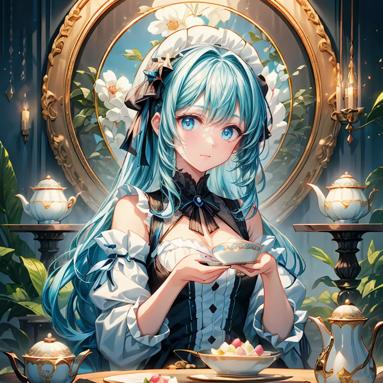 8K resolution、（1girls eating cake）、Background of sweets、Heavy cream、Layered backgrounds、（Fairytale background）、​masterpiece、animesque、cute little、(cookies)、Elegant tea set、Elegant chairs and tableessy、Big smile、Delicious look、​masterpiece、 Detailed Digital Anime Art、8k high quality detailed art、Smooth Anime CG Art、Luminescence，refined face、（（Lots of cakes））、buried、a gorgeous、Eat with your mouth full、gluttony、Parti、Overflowing cake、Masterpiece, best quality, extremely detailed, (illustration, official art: 1.1), (((((1 girl))))), ((light blue long hair))), light blue hair, , ((blush)), cute face, big eyes, tareme, masterpiece, best quality, ((a very delicate and beautiful girl)))), , girl,amazing, beautiful detailed eyes, blunt bangs (((little delicate girl)))), tareme