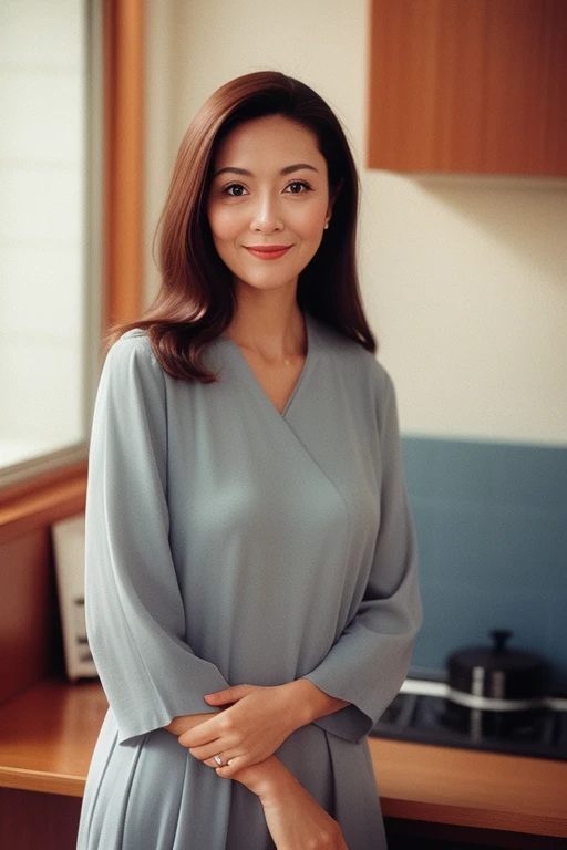 120mm Photography Medium Format Film Photography Kodak Portra Young, girl, 58 years old, Gray tight outfit, Tall Woman, beauty. Background Santorini, Joyful, Emphasis, Calm colors, Hasselblad - Style RAW - AR 2:3 --s 100