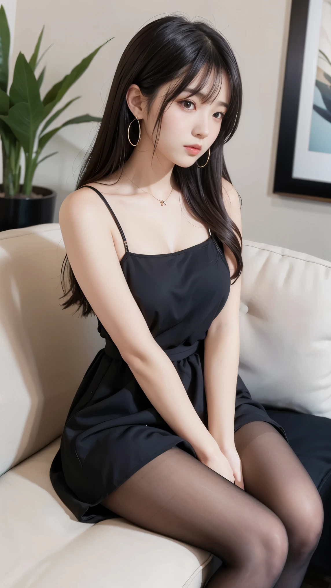 1girl, solo, long hair, breasts, bangs, black hair, hair ornament, dress, holding, bare shoulders, brown eyes, jewelry, sitting, closed mouth, pantyhose, earrings, parted lips, sleeveless, indoors, medium hair, black dress, lips, looking to the side, book, black pantyhose, bare arms, sleeveless dress, looking away, plant, couch, potted plant, on couch