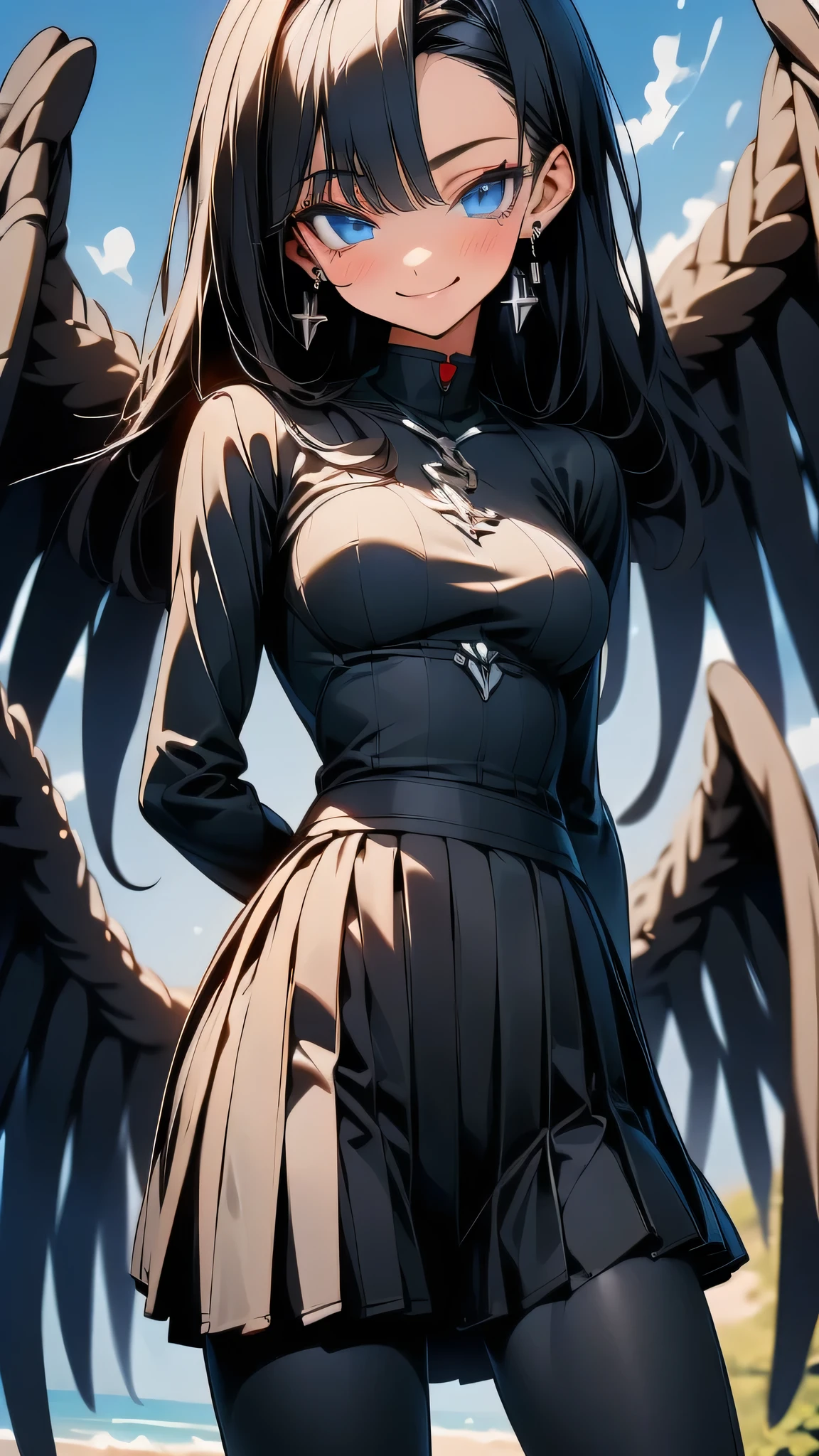 1girl, black hair, long hair, straight hair, blue eyes, happy, smile, carbon fiber body suit, body suit, solo, blue sky, ocean, pleated mini skirt, (very detailed background:1.0), (highly detailed background:1.0),
